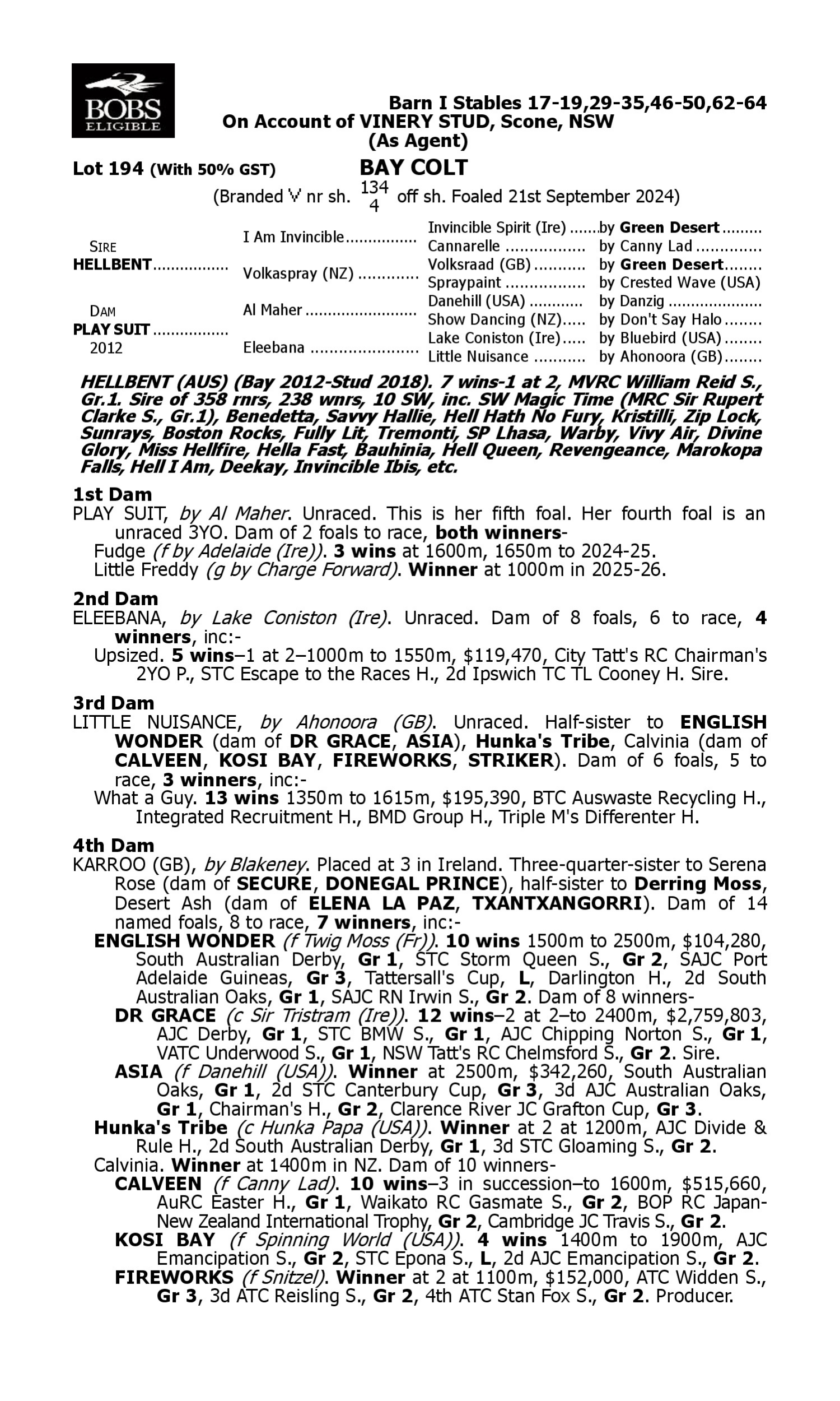 Pedigree for Lot 194 Hellbent - Play Suit