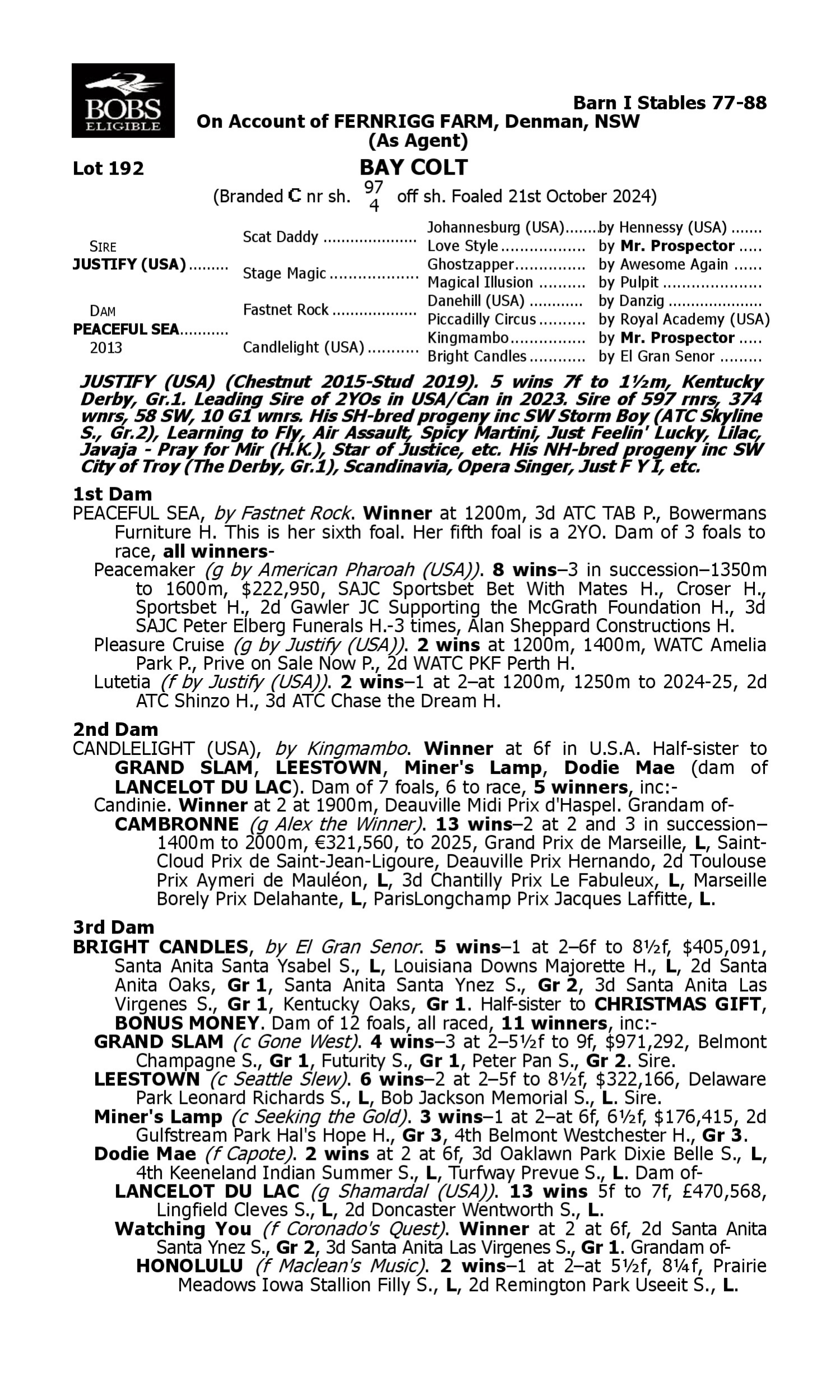 Pedigree for Lot 192 Justify (USA) - Peaceful Sea