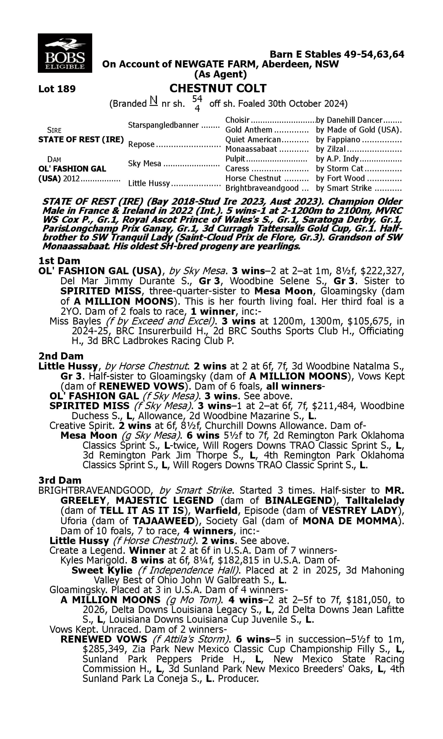 Pedigree for Lot 189 State of Rest (IRE) - Ol' Fashion Gal (USA)