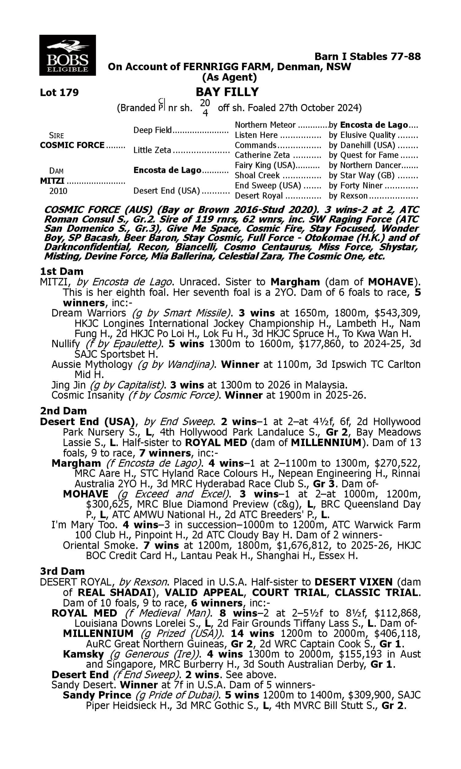 Pedigree for Lot 179 Cosmic Force - Mitzi