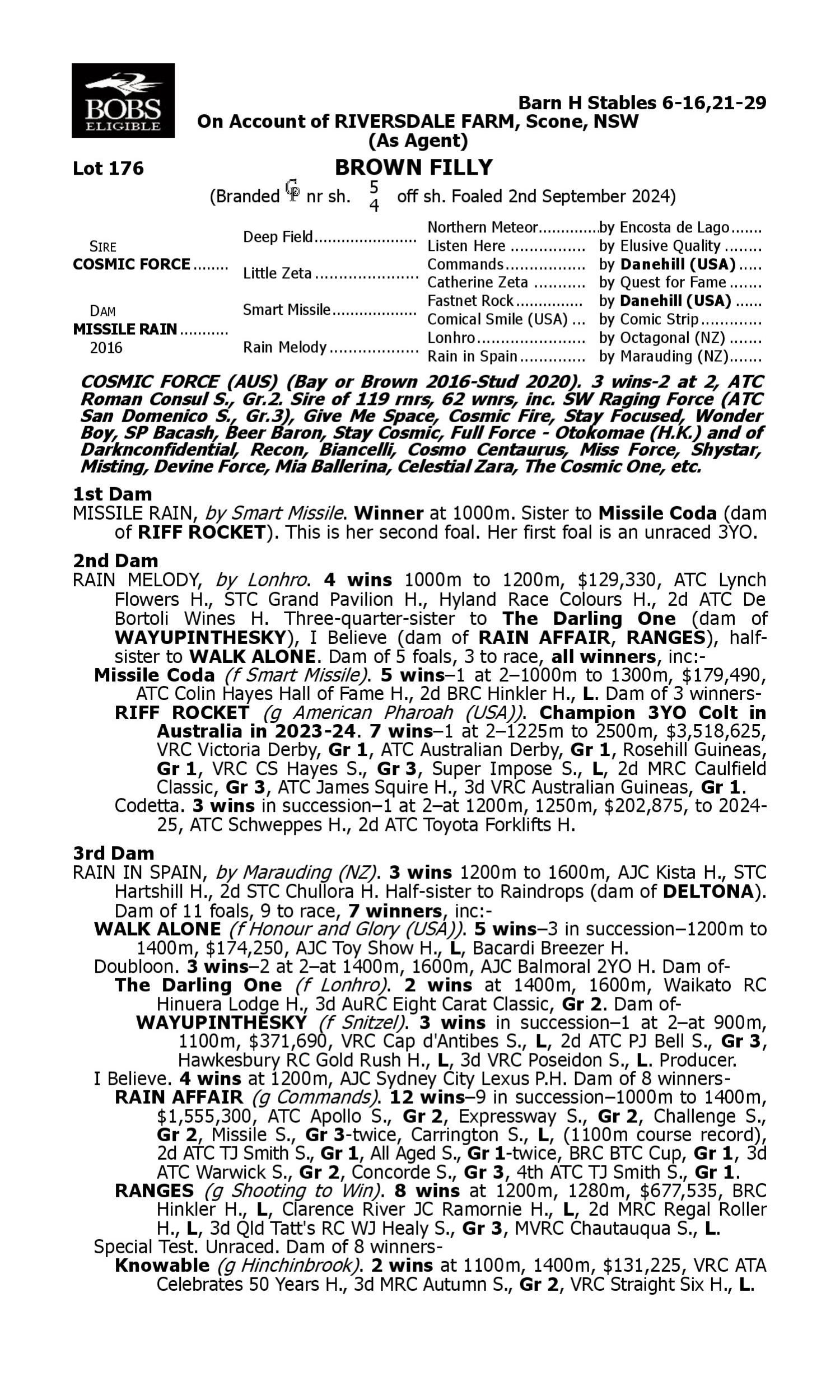 Pedigree for Lot 176 Cosmic Force - Missile Rain