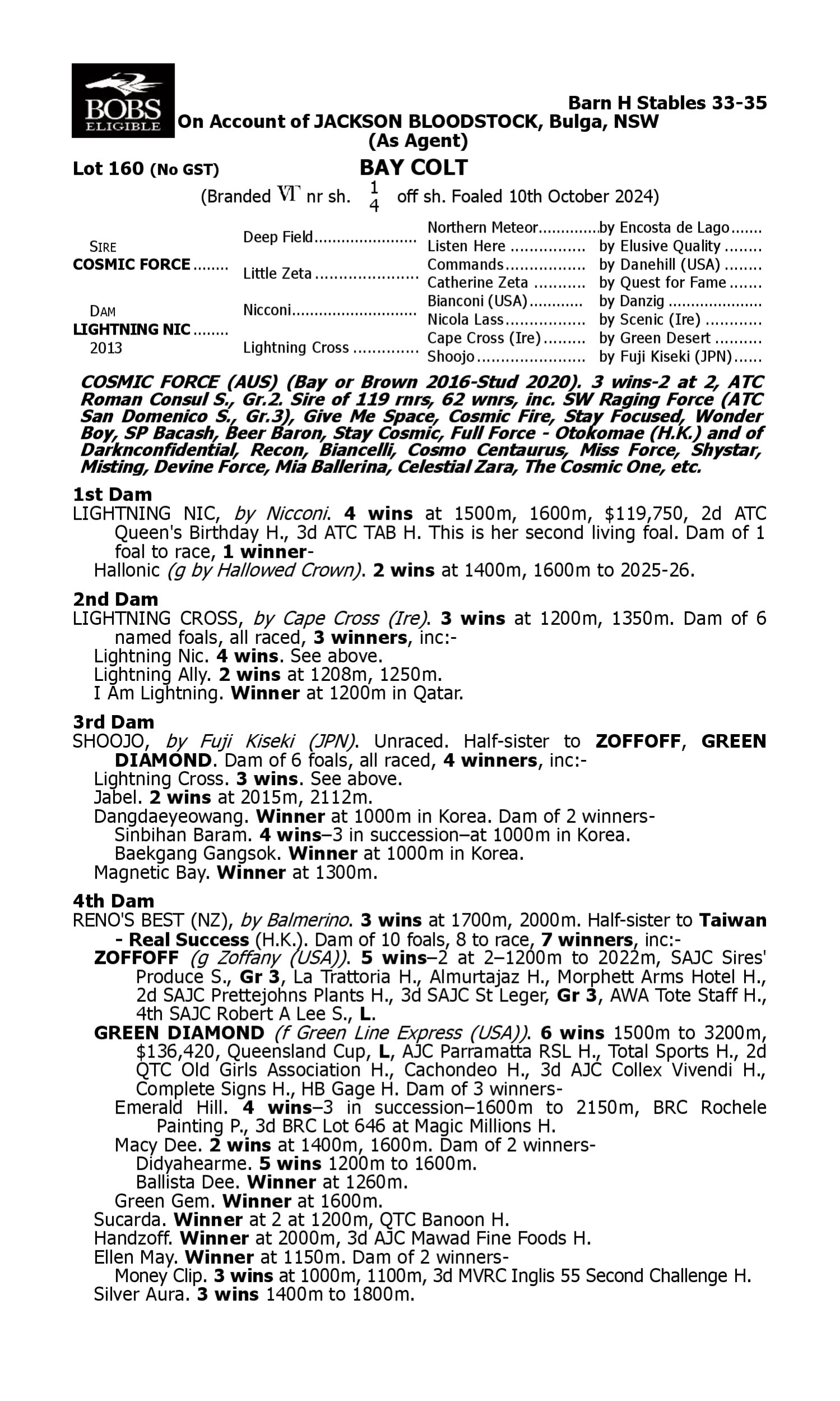 Pedigree for Lot 160 Cosmic Force - Lightning Nic