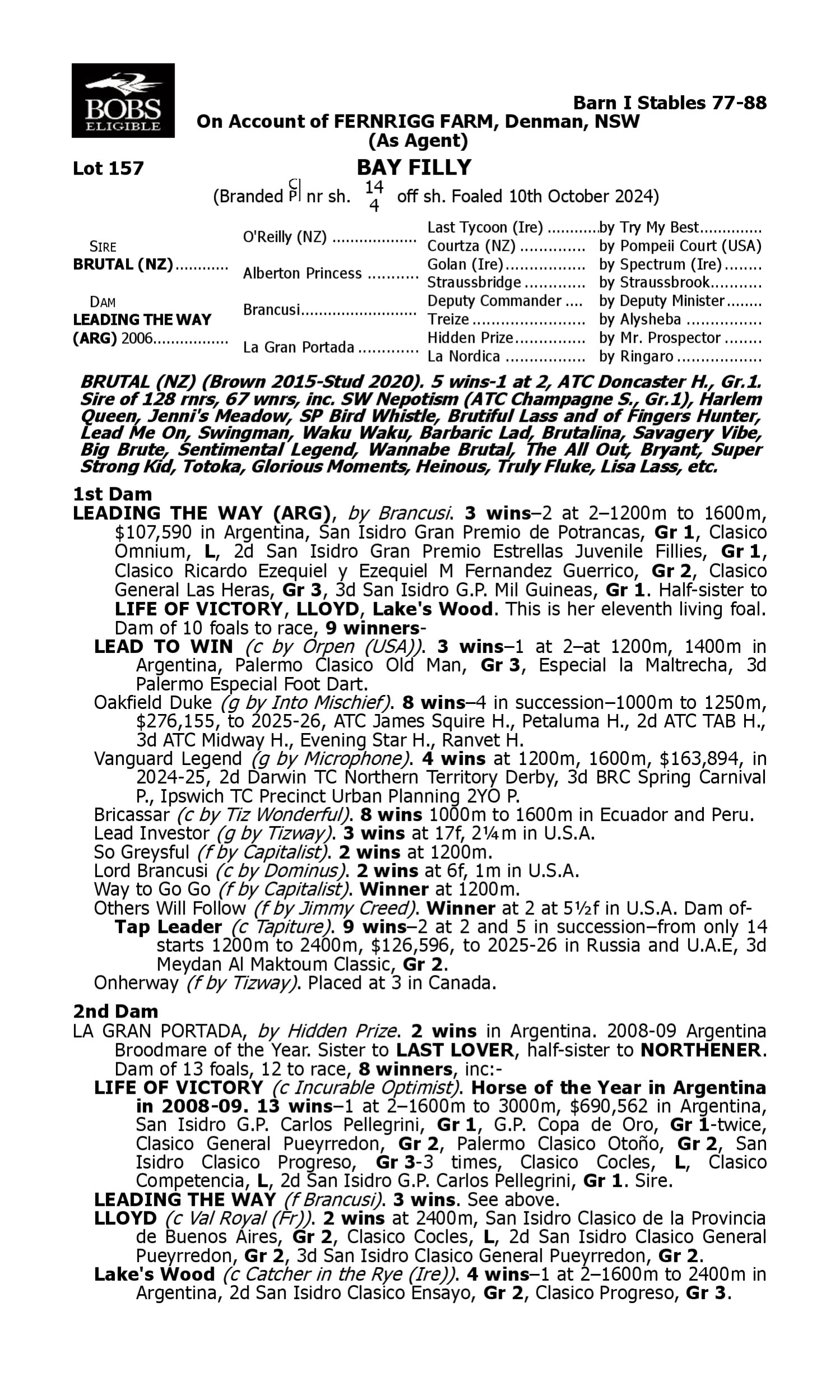 Pedigree for Lot 157 Brutal (NZ) - Leading the Way (ARG)
