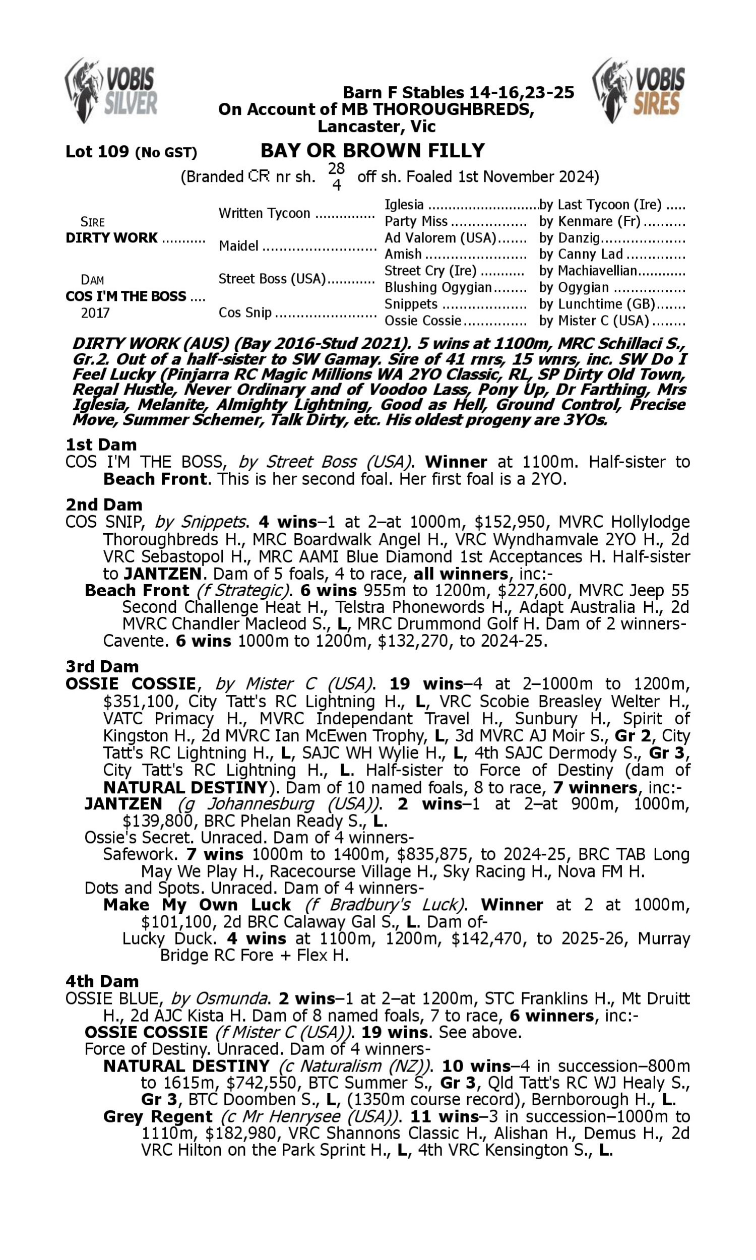 Pedigree for Lot 109 Dirty Work - Cos I'm the Boss