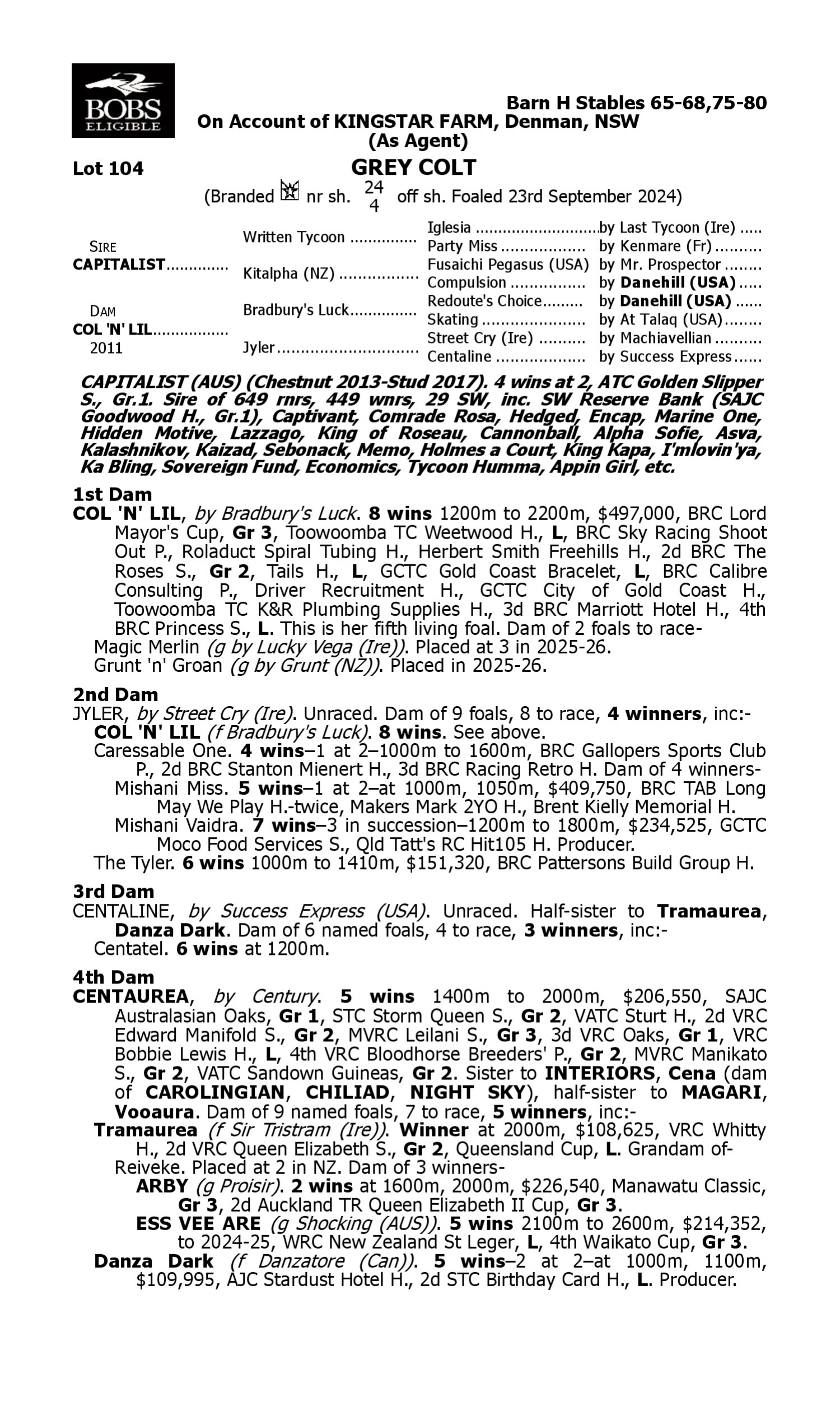 Pedigree for Lot 104 Capitalist - Col 'n' Lil