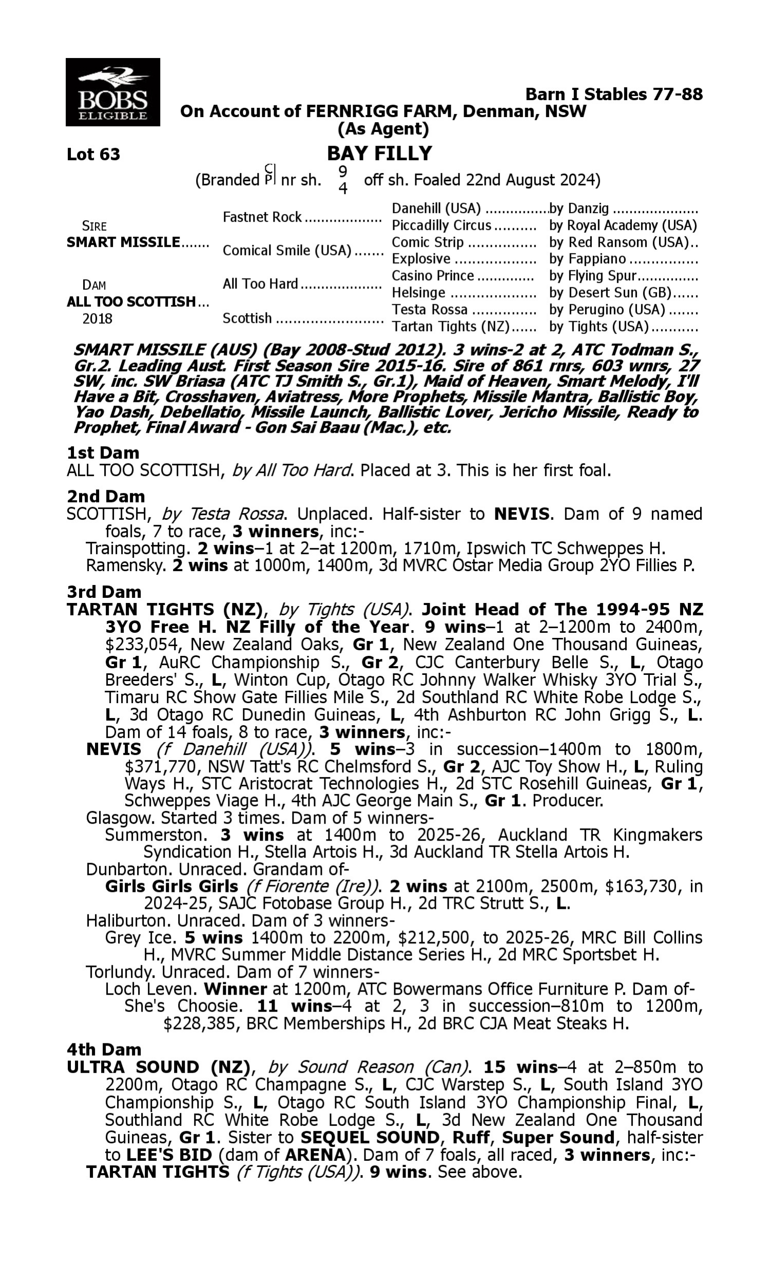 Pedigree for Lot 63 Smart Missile - All Too Scottish