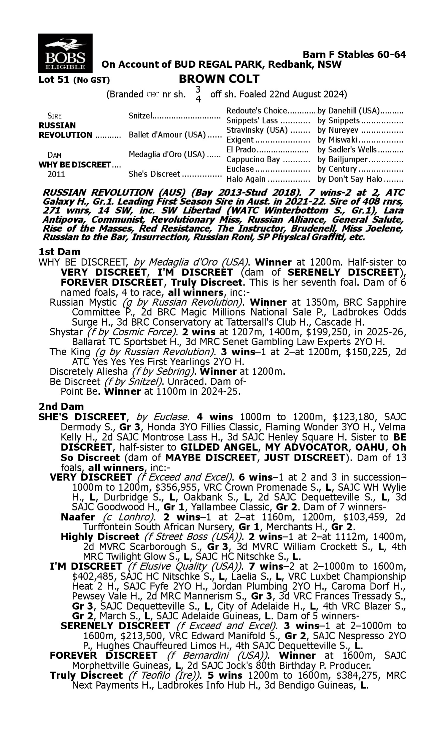 Pedigree for Lot 51 Russian Revolution - Why be Discreet