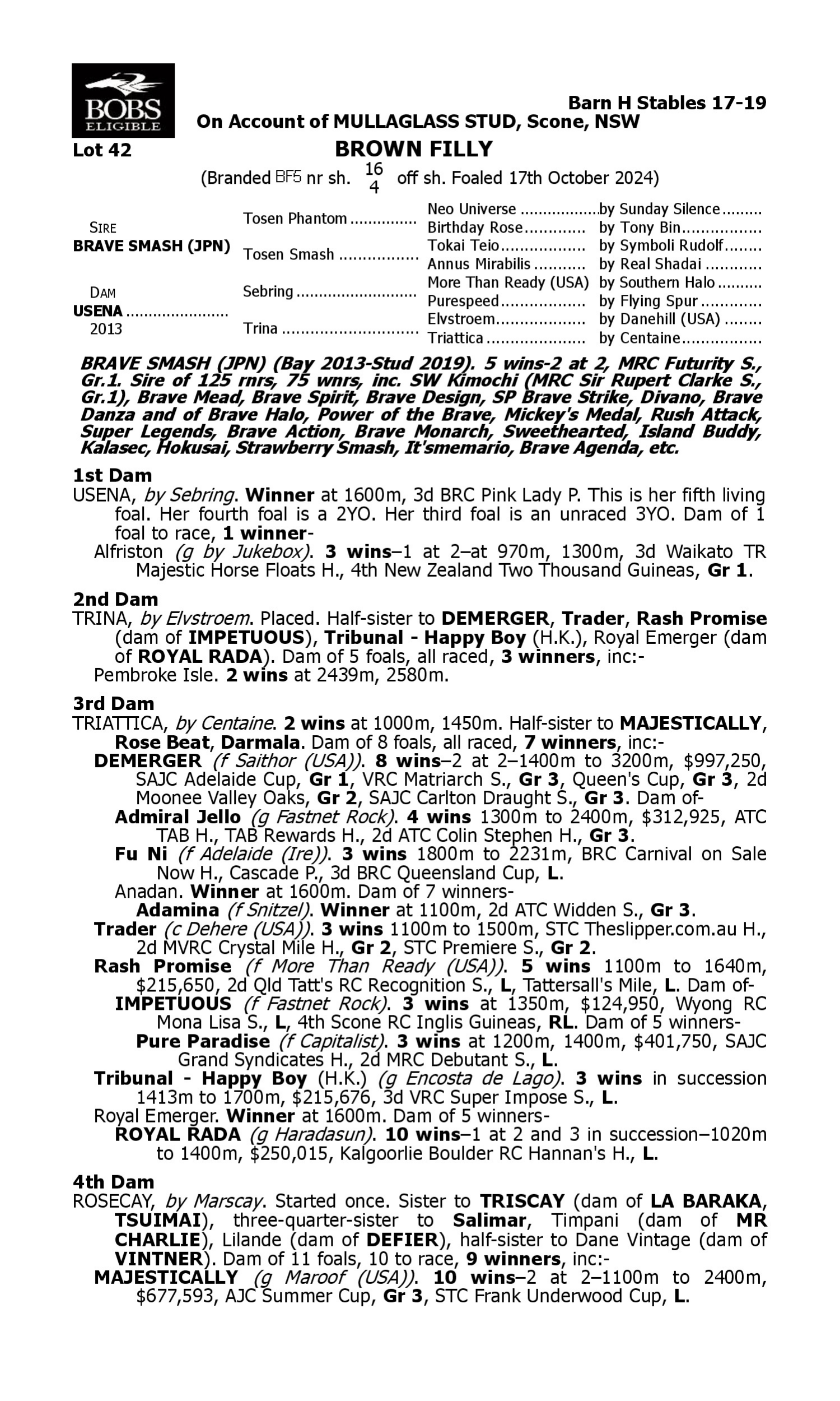 Pedigree for Lot 42 Brave Smash (JPN) - Usena