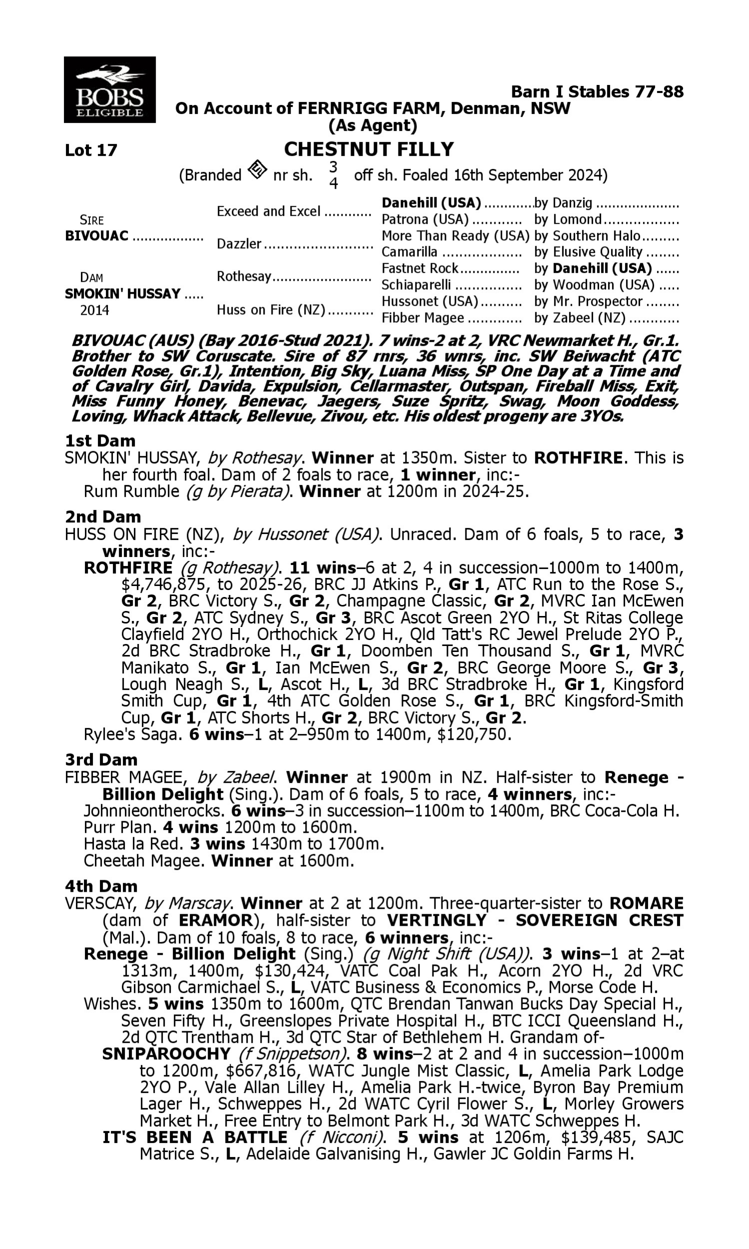 Pedigree for Lot 17 Bivouac - Smokin' Hussay