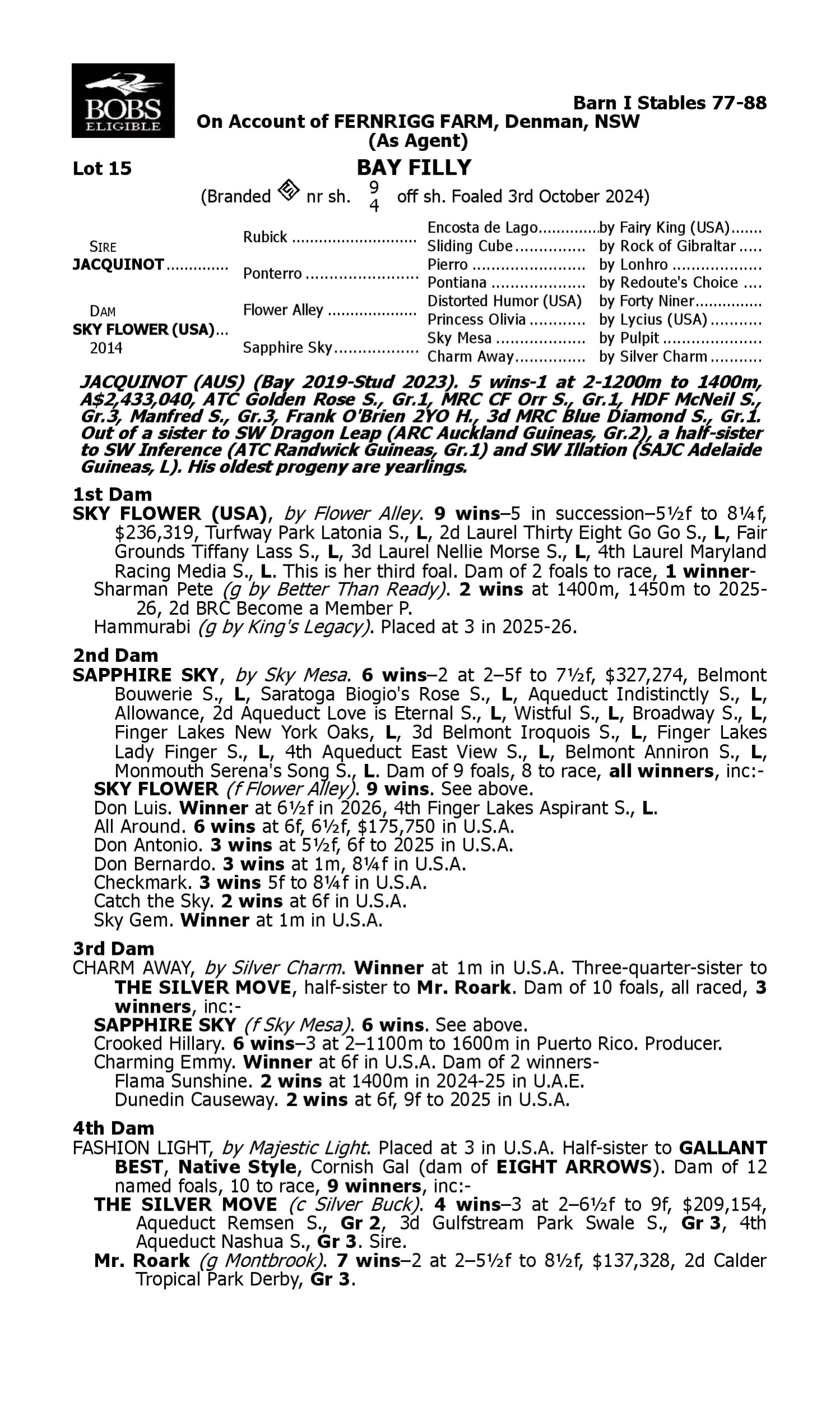 Pedigree for Lot 15 Jacquinot - Sky Flower (USA)