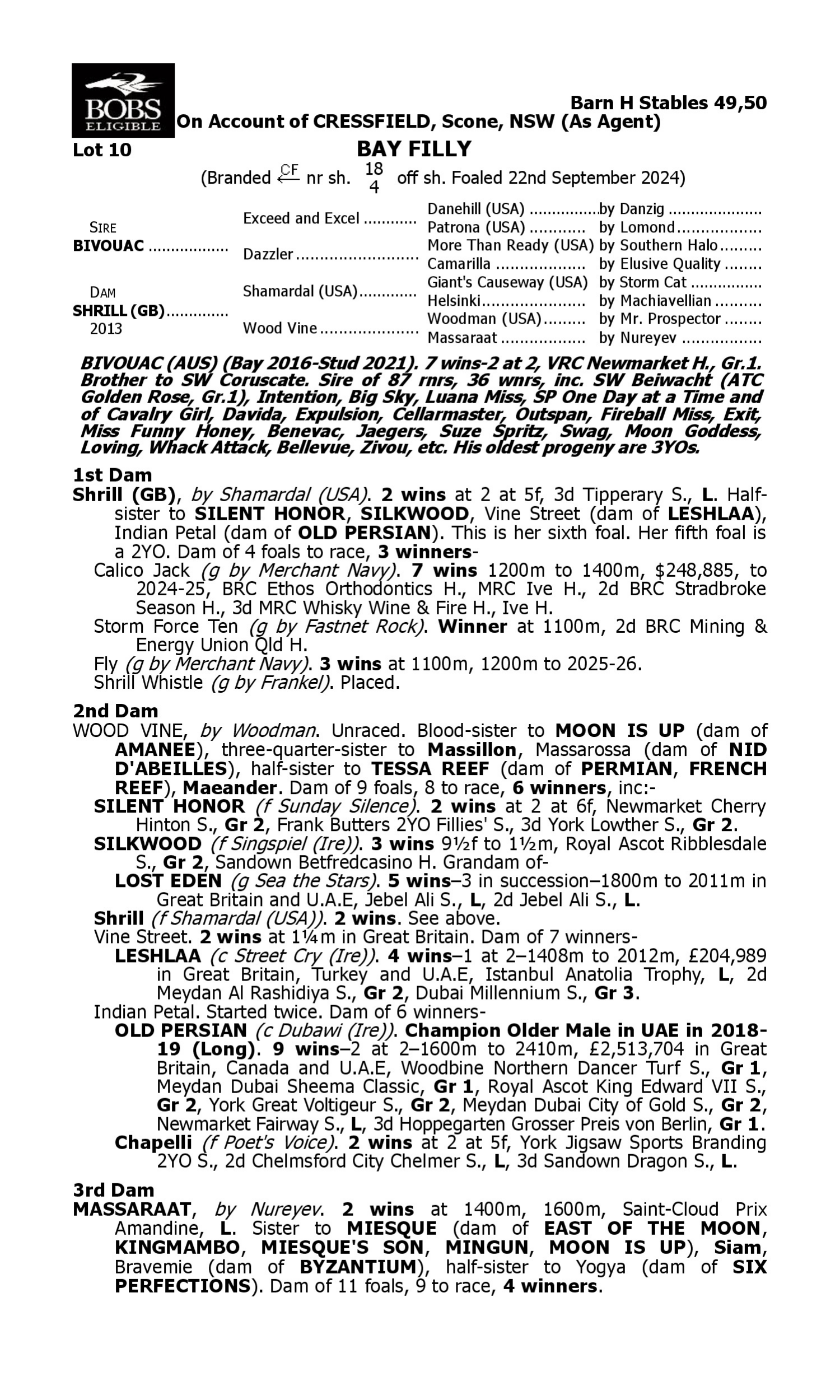 Pedigree for Lot 10 Bivouac - Shrill (GB)