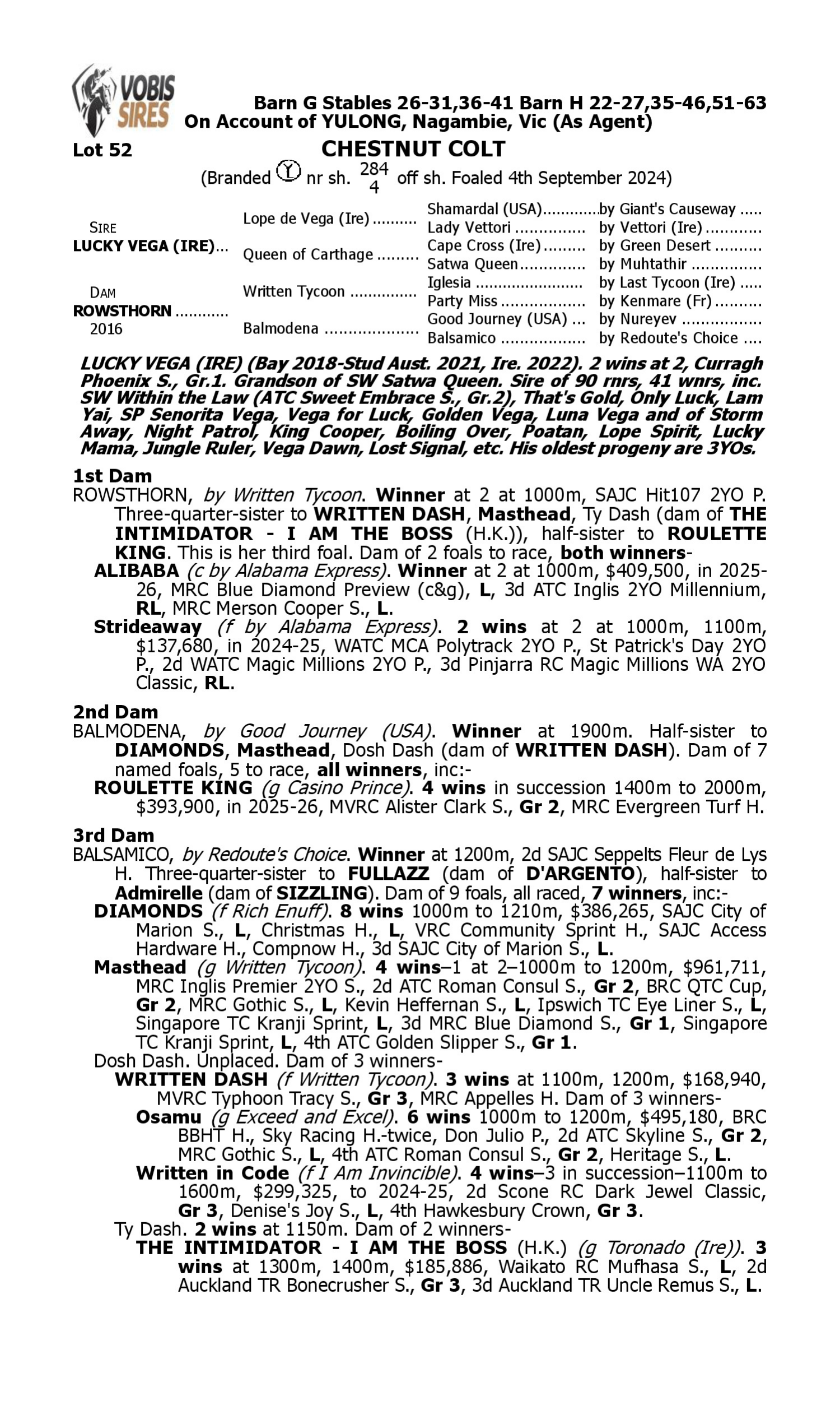 Pedigree for Lot 52 Lucky Vega (IRE) - Rowsthorn
