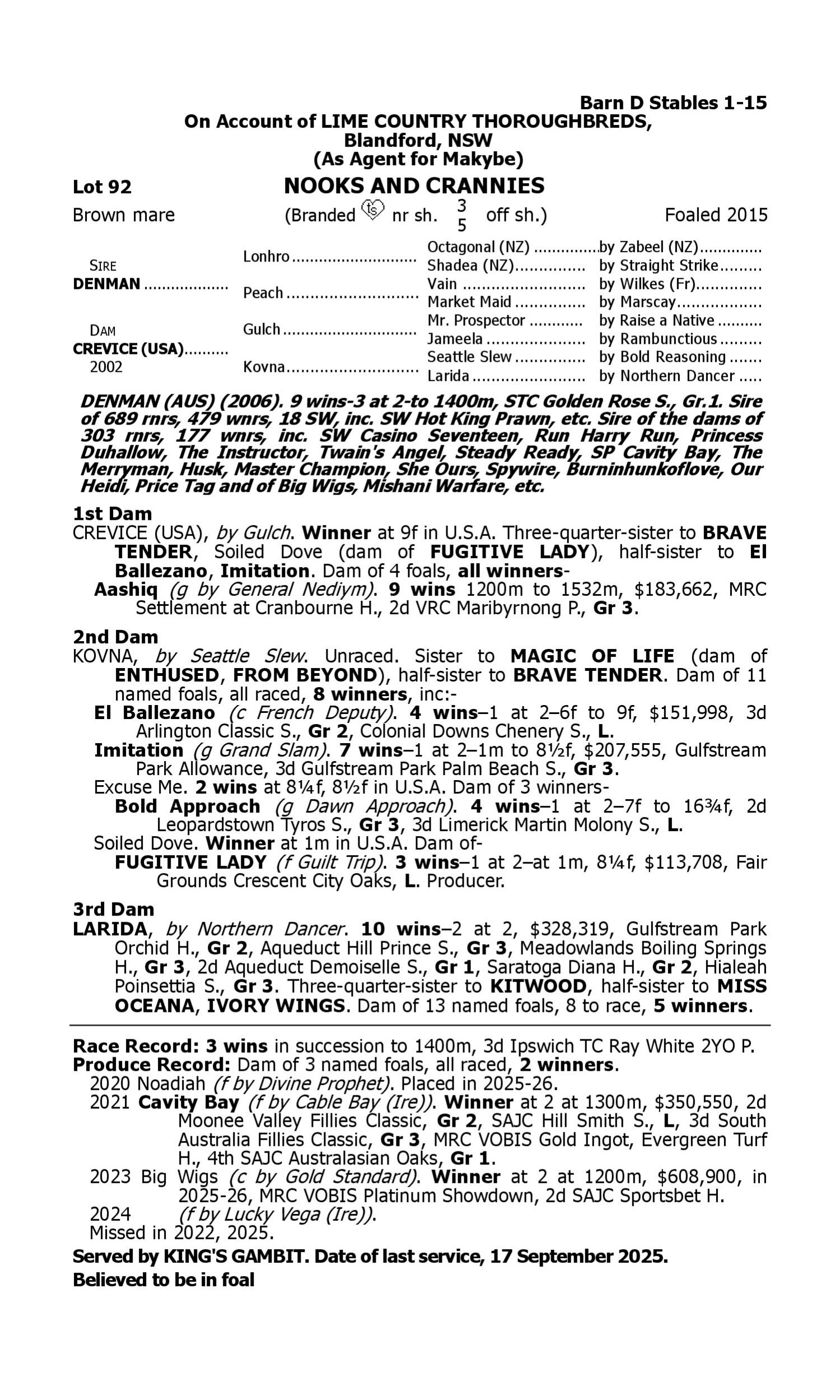 Pedigree for Lot 92 Denman - Crevice (USA)