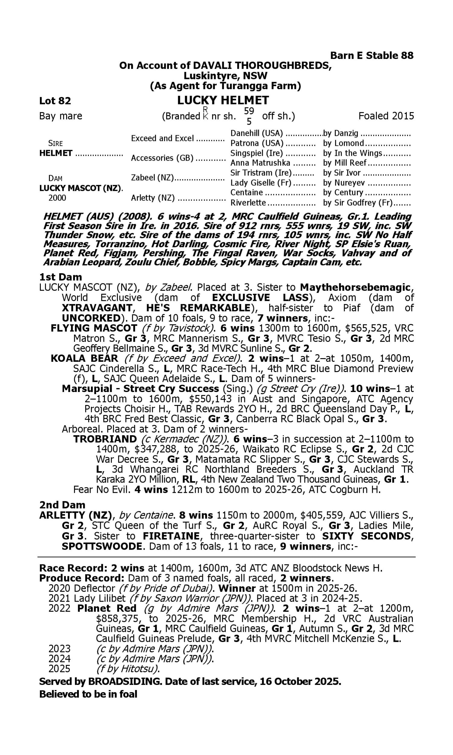 Pedigree for Lot 82 Helmet - Lucky Mascot (NZ)