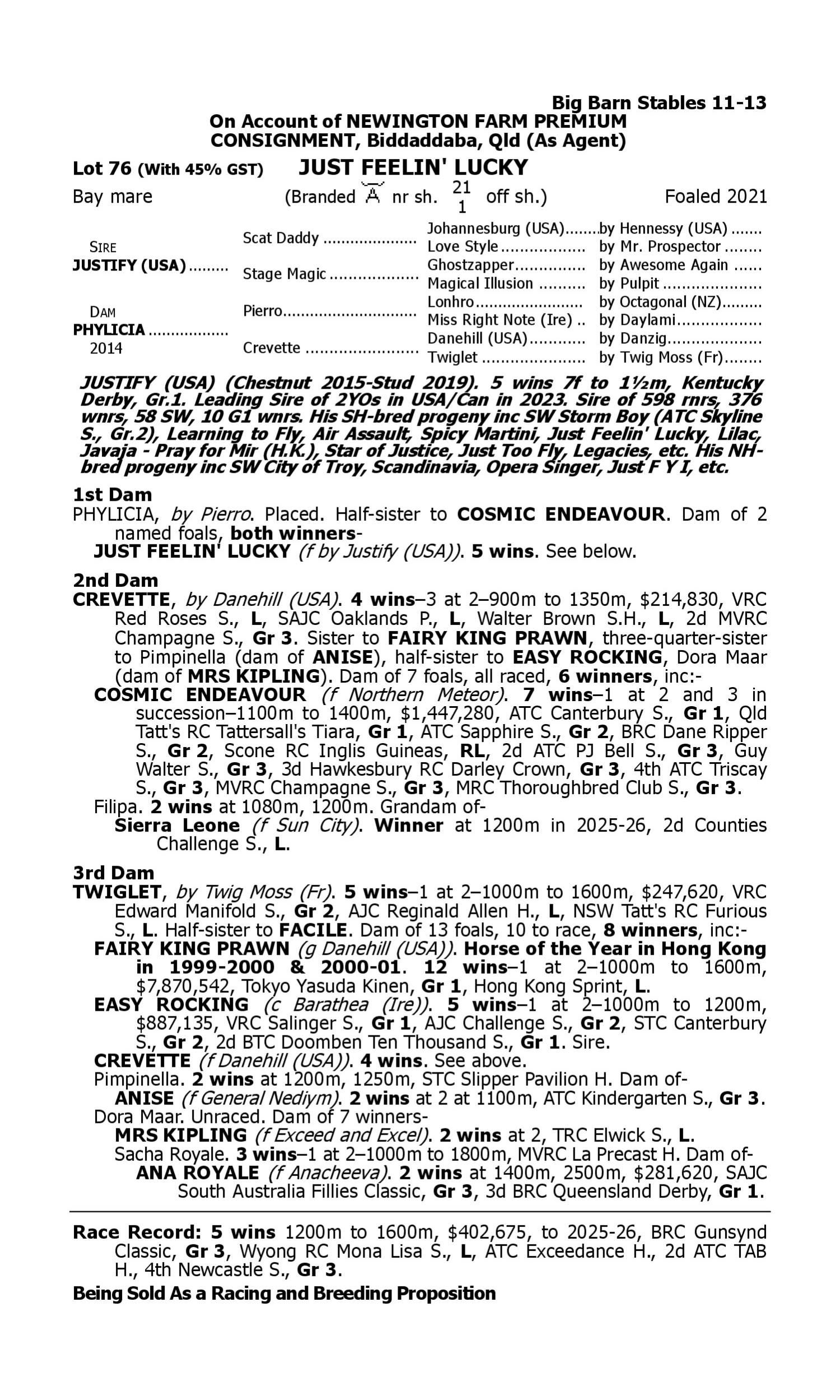 Pedigree for Lot 76 Justify (USA) - Phylicia