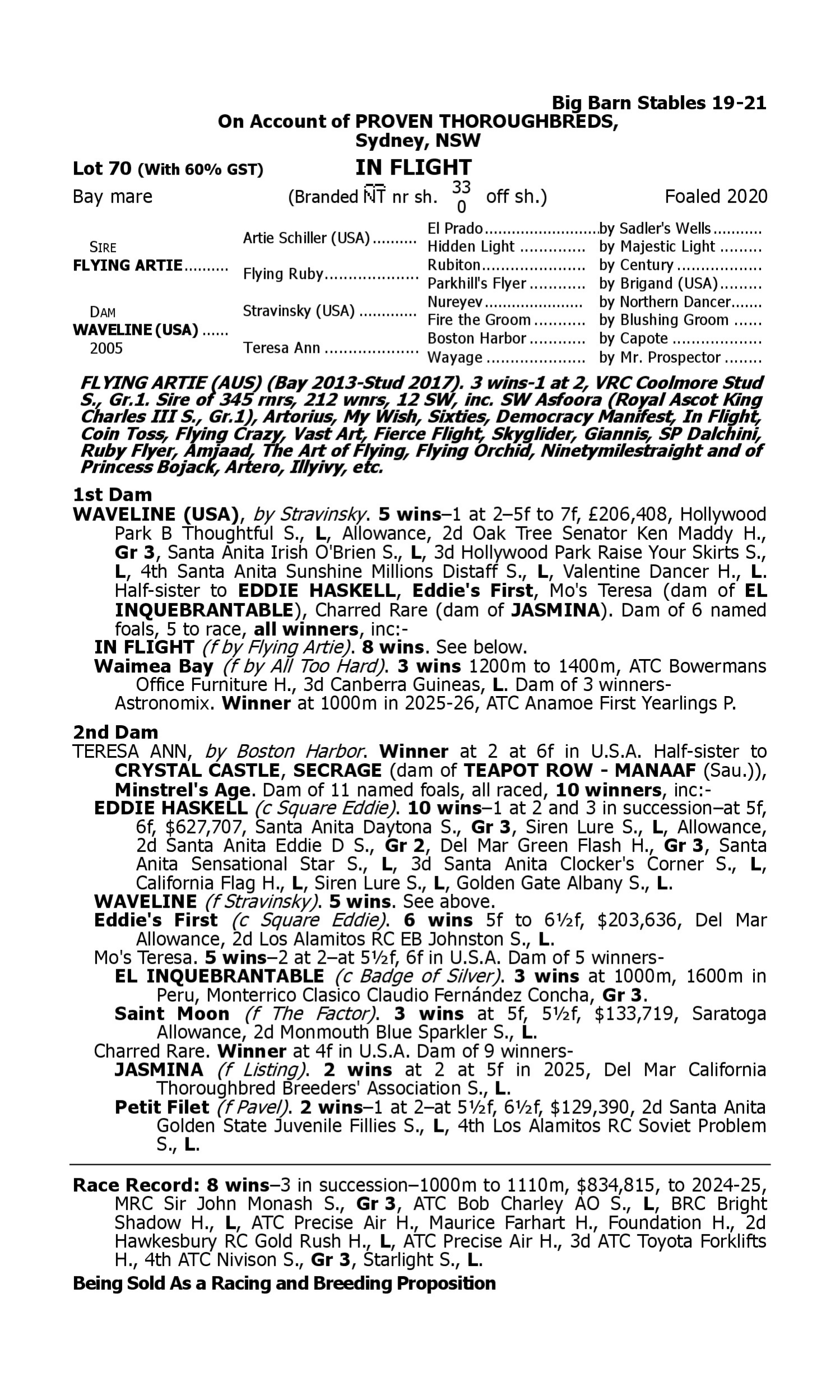Pedigree for Lot 70 Flying Artie - Waveline (USA)