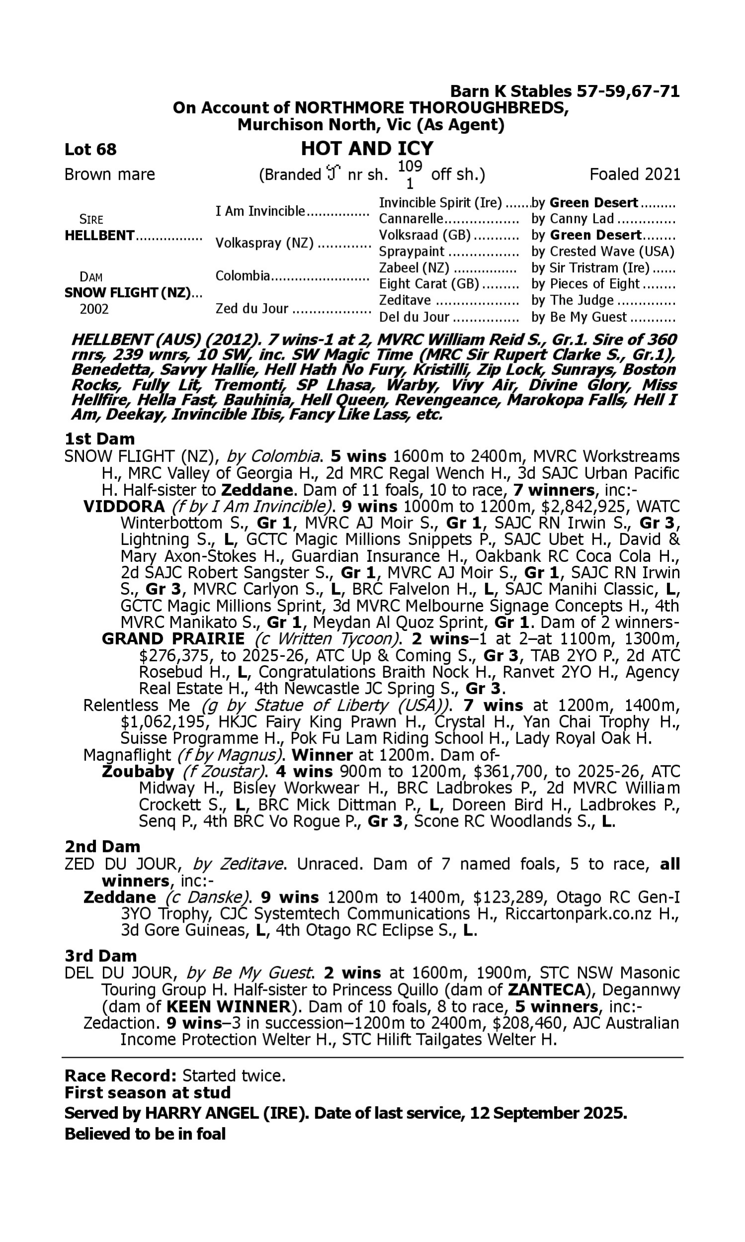 Pedigree for Lot 68 Hellbent - Snow Flight (NZ)