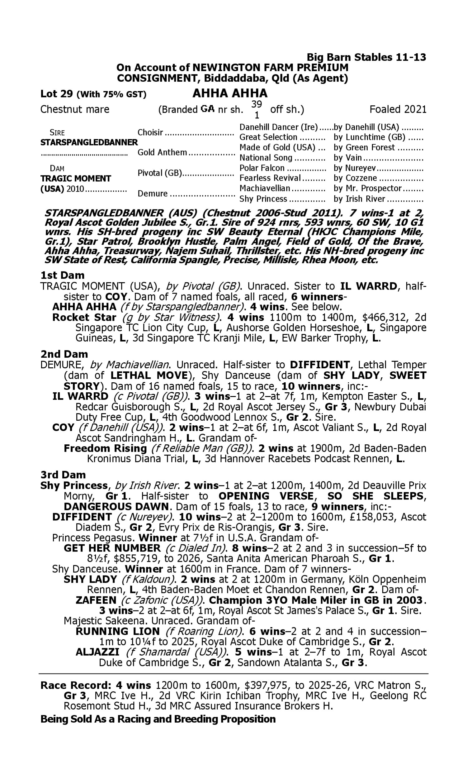 Pedigree for Lot 29 Starspangledbanner - Tragic Moment (USA)