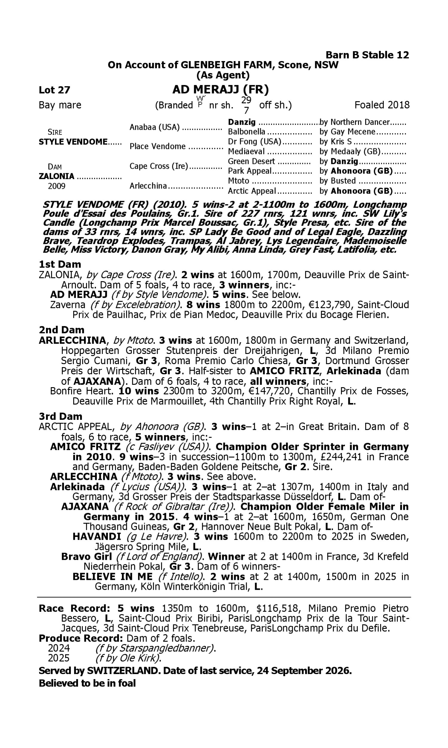 Pedigree for Lot 27 Style Vendome (FR) - Zalonia (GB)