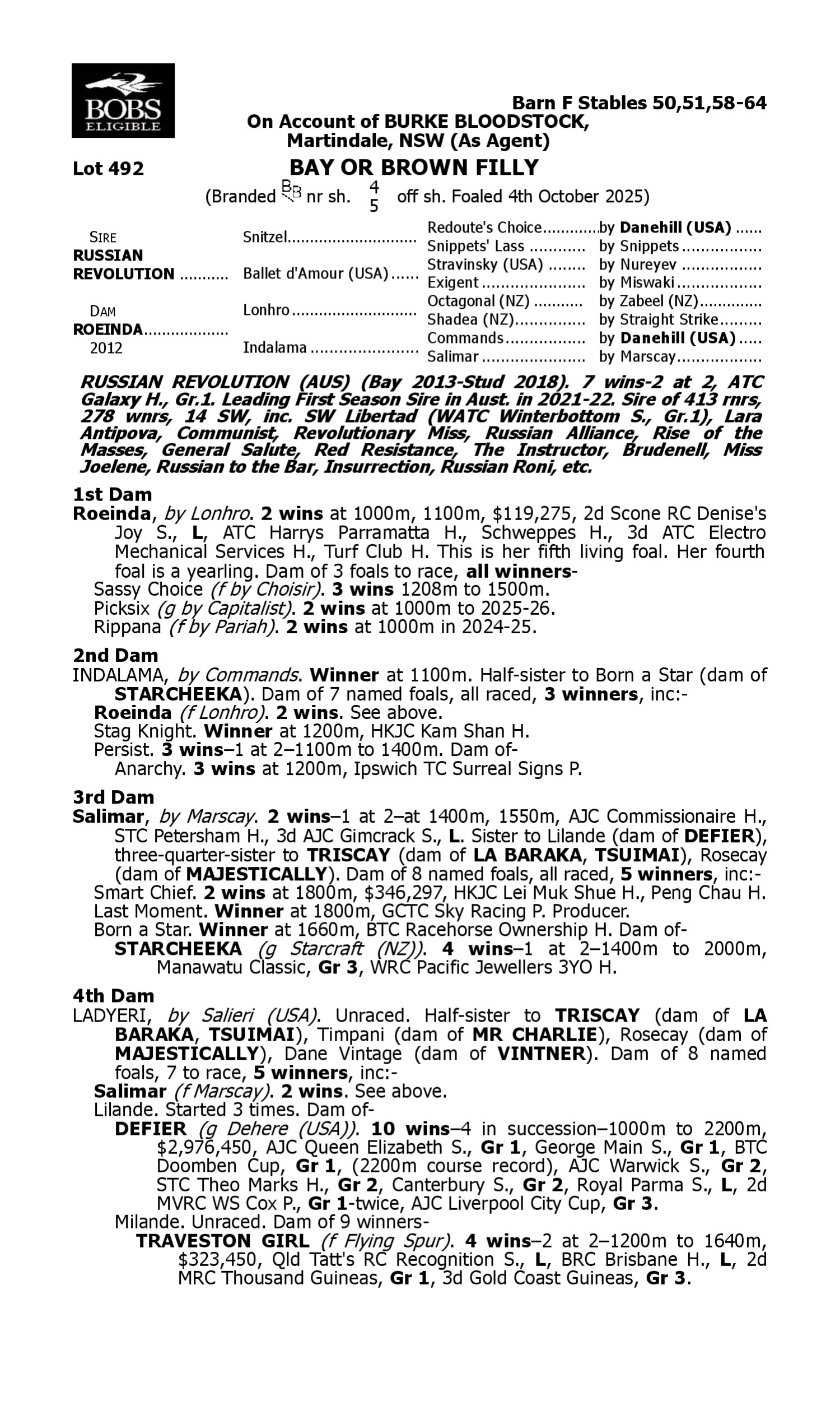 Pedigree for Lot 492 Russian Revolution - Roeinda