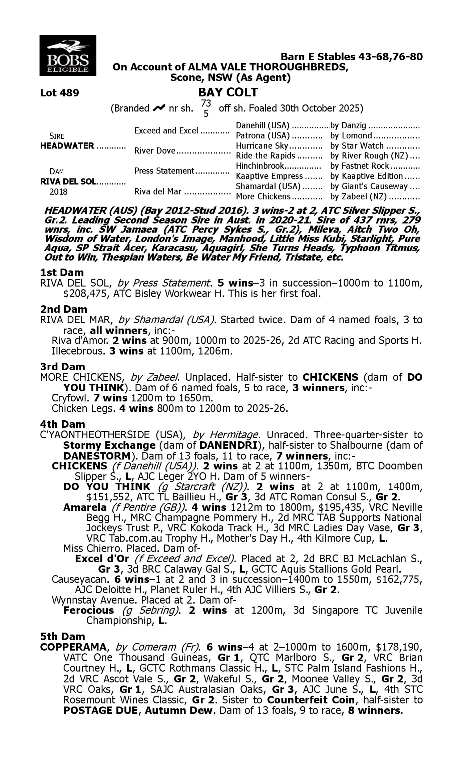 Pedigree for Lot 489 Headwater - Riva del Sol