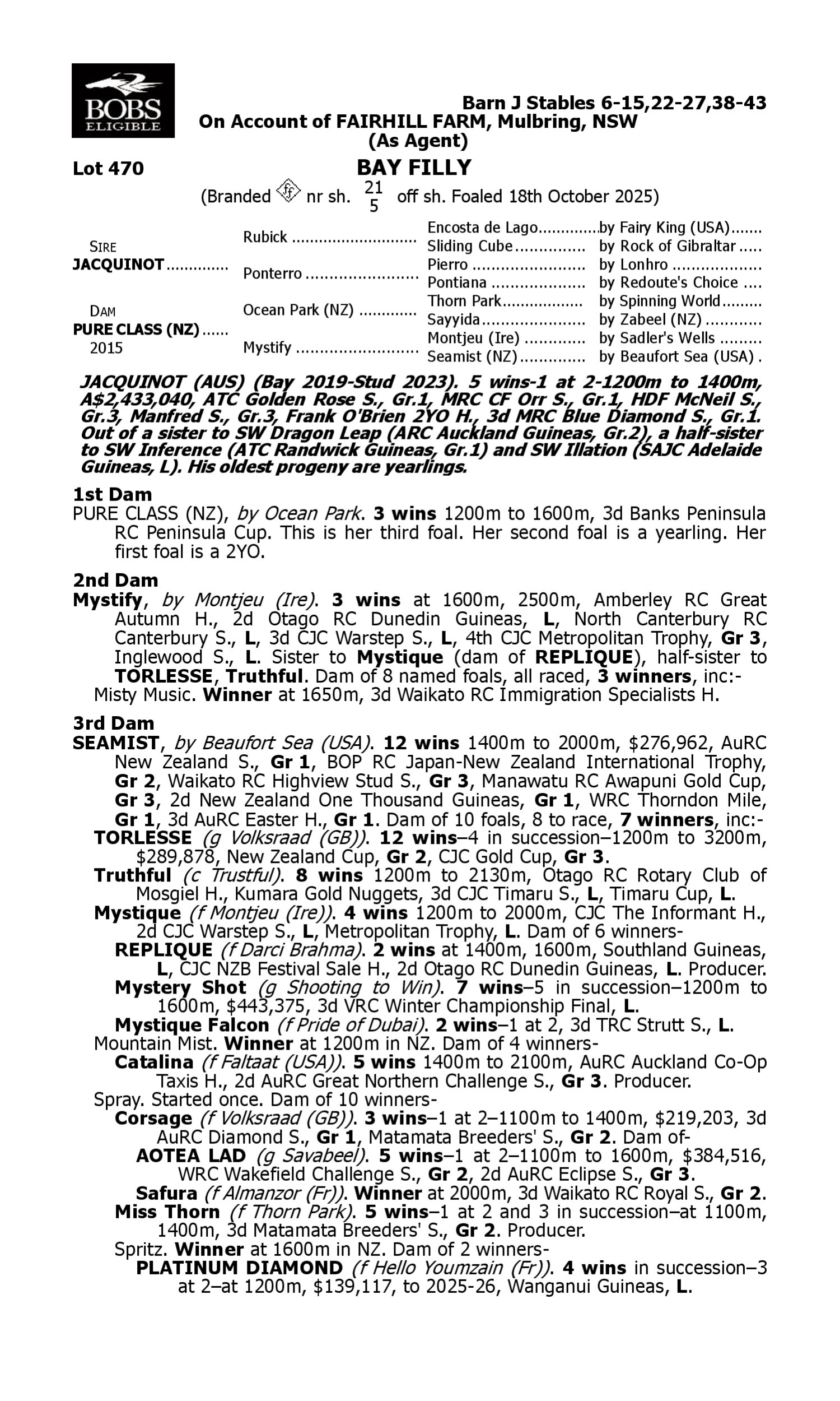 Pedigree for Lot 470 Jacquinot - Pure Class (NZ)