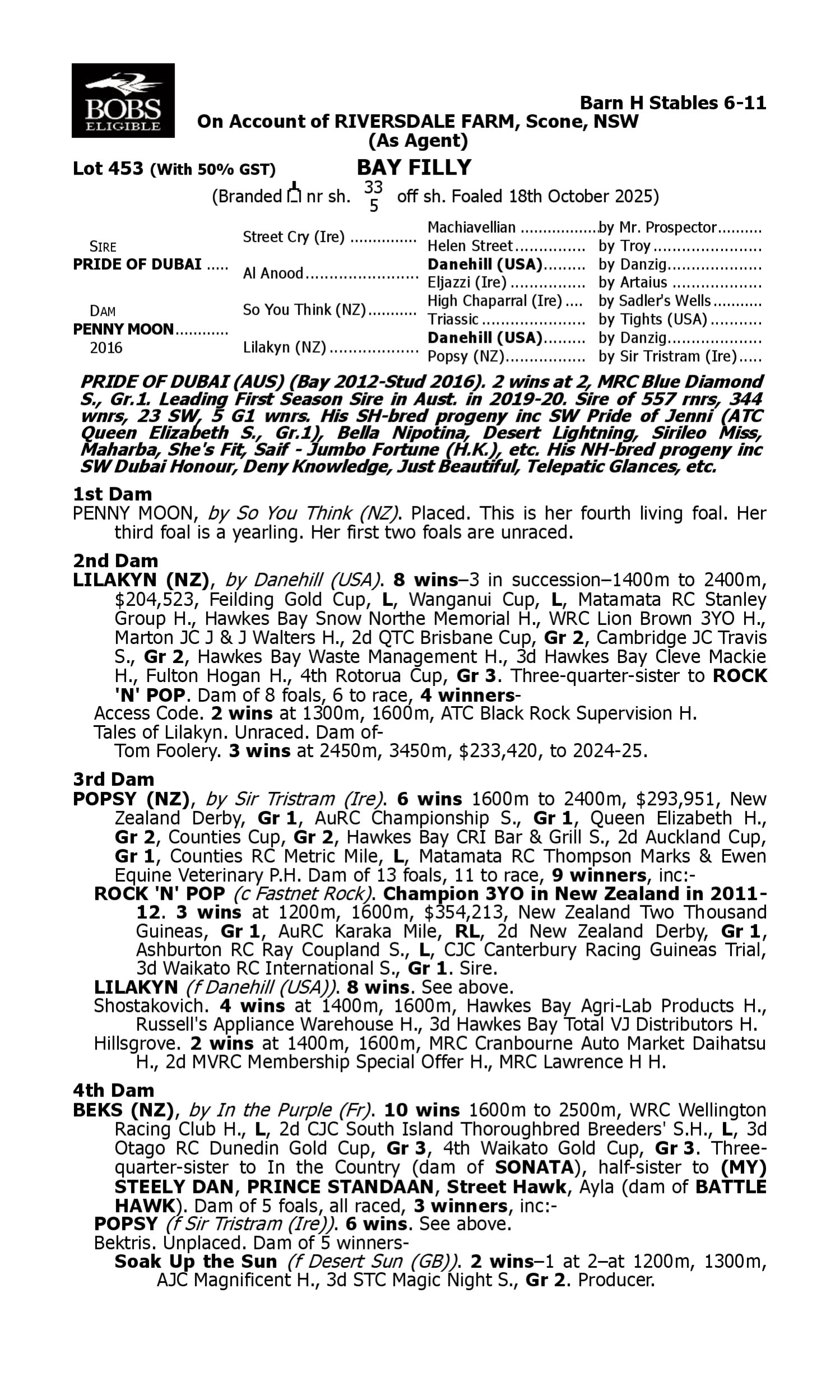 Pedigree for Lot 453 Pride of Dubai - Penny Moon