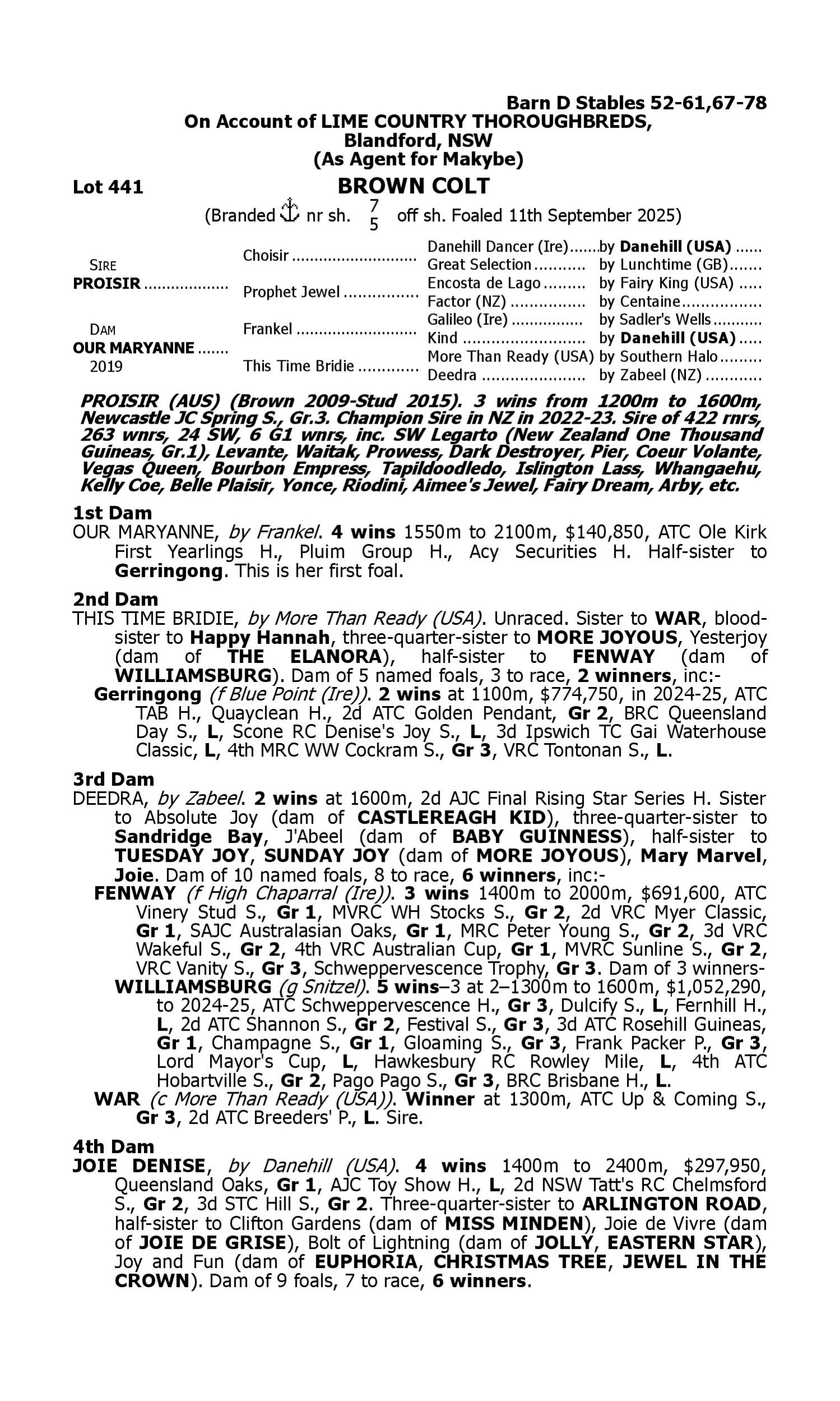 Pedigree for Lot 441 Proisir - Our Maryanne