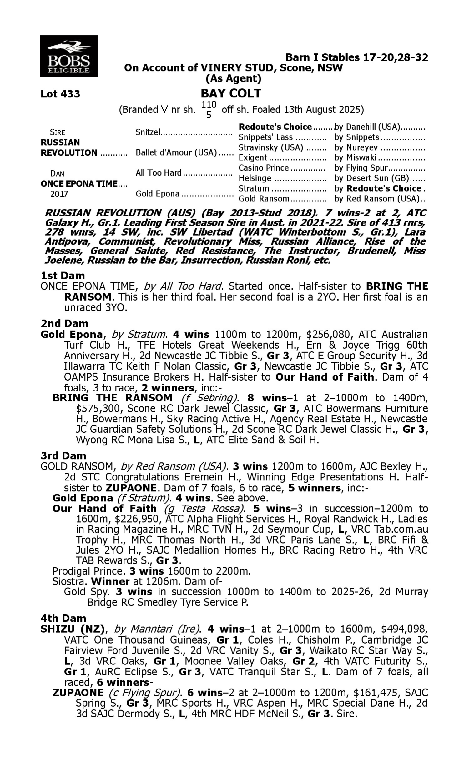 Pedigree for Lot 433 Russian Revolution - Once Epona Time