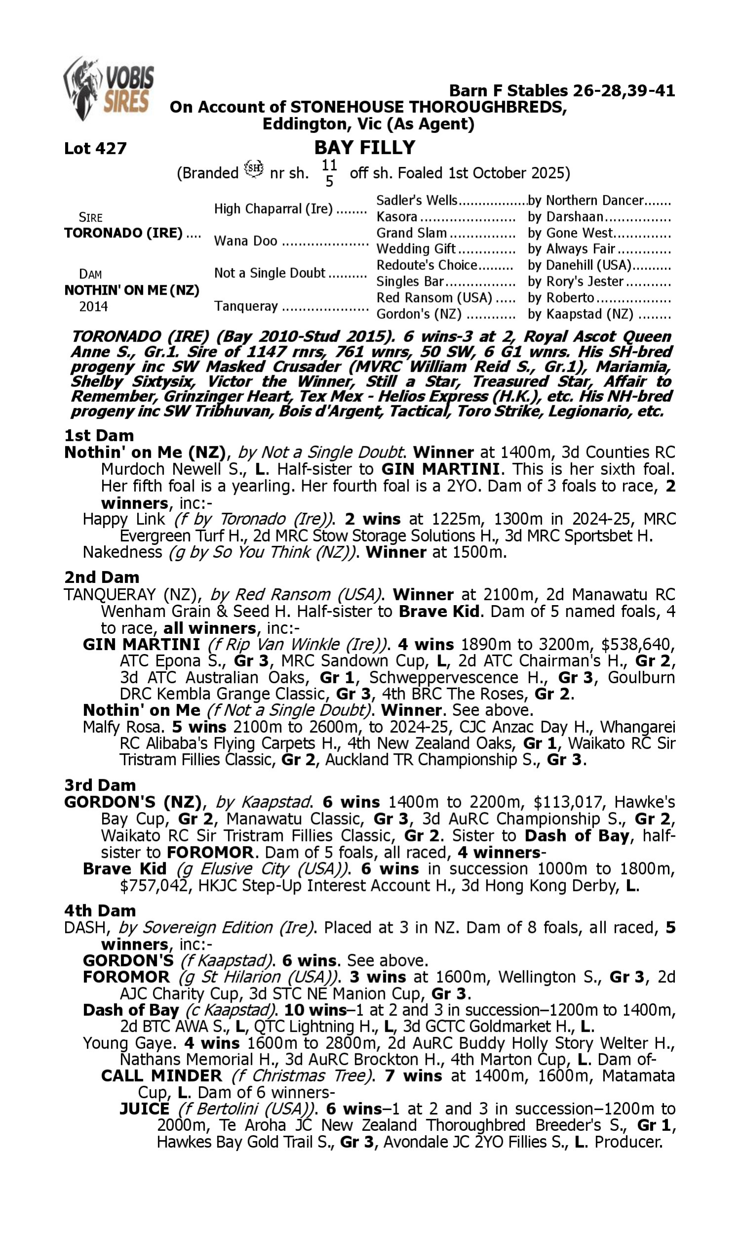 Pedigree for Lot 427 Toronado (IRE) - Nothin' on Me (NZ)