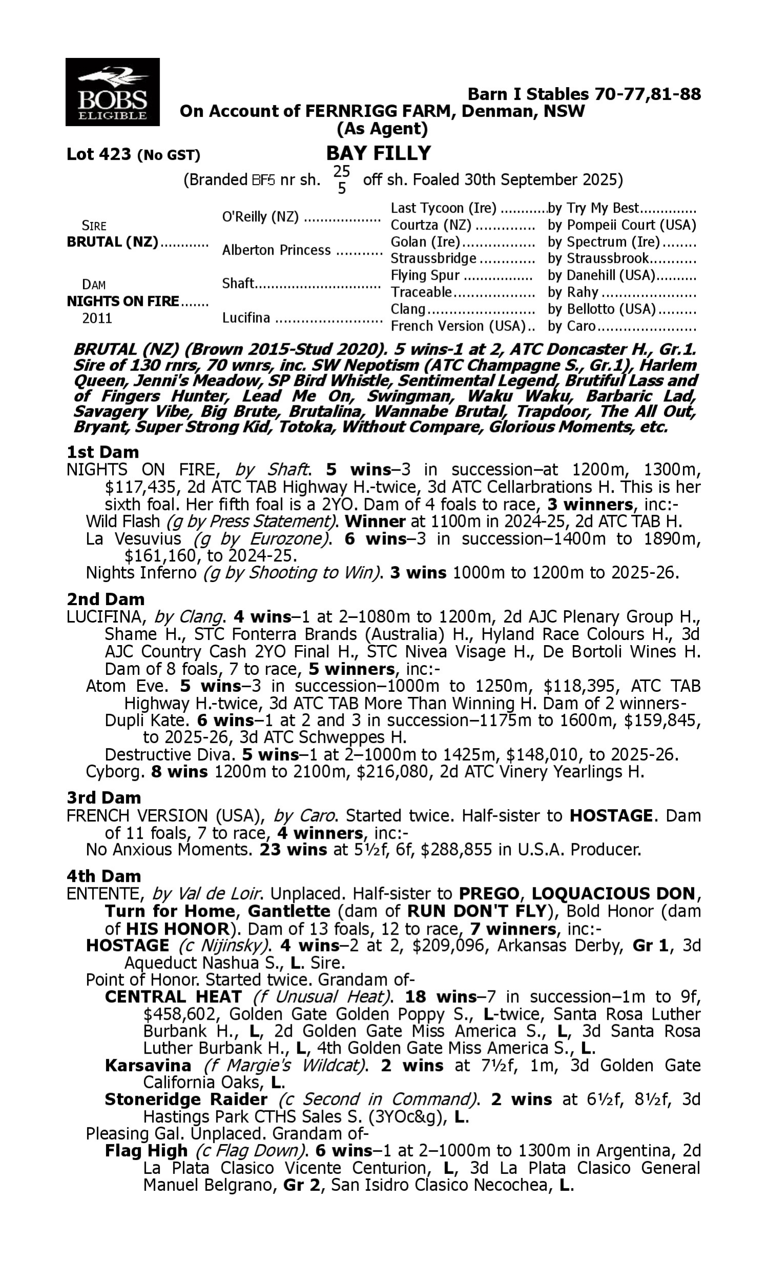 Pedigree for Lot 423 Brutal (NZ) - Nights on Fire