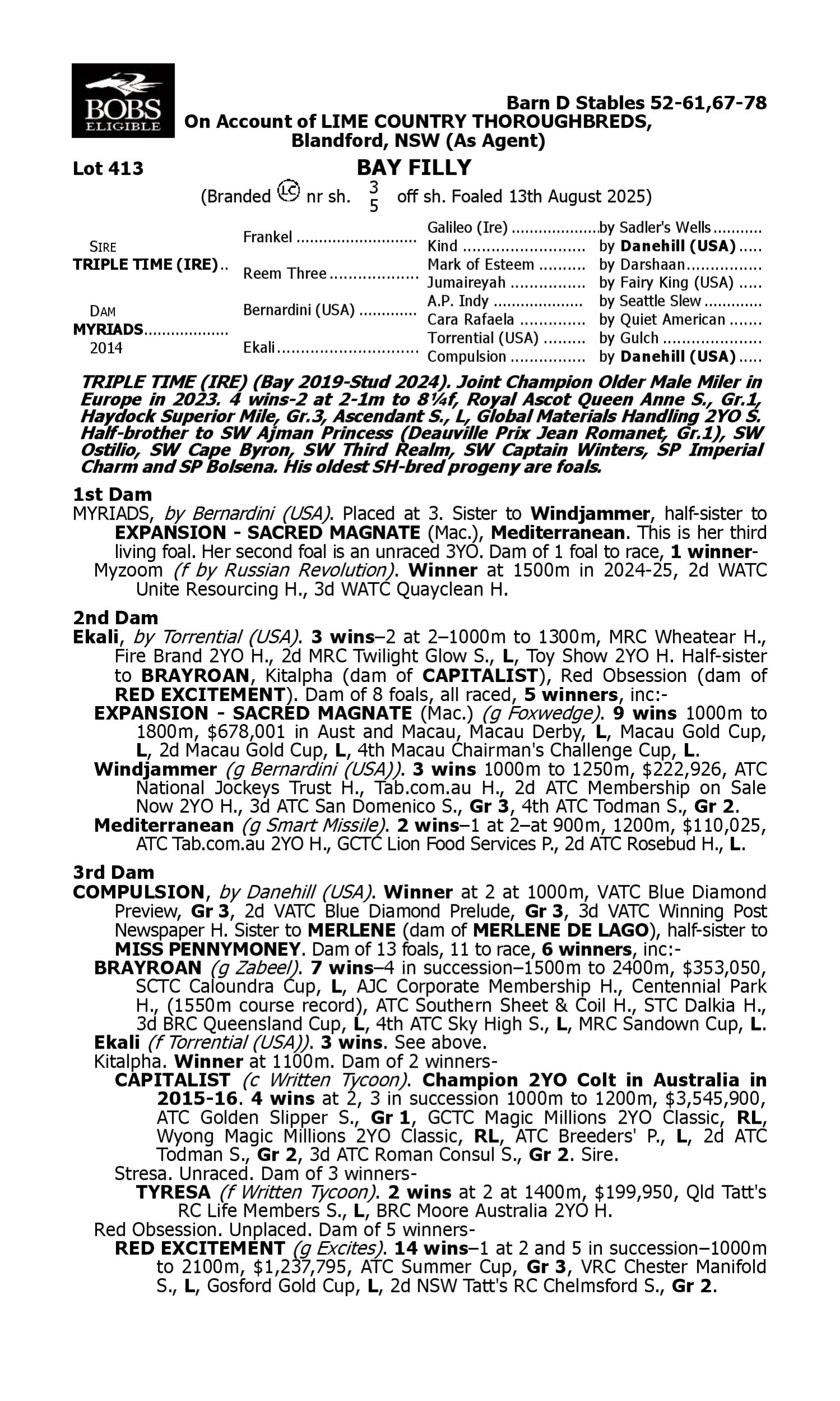 Pedigree for Lot 413 Triple Time (IRE) - Myriads