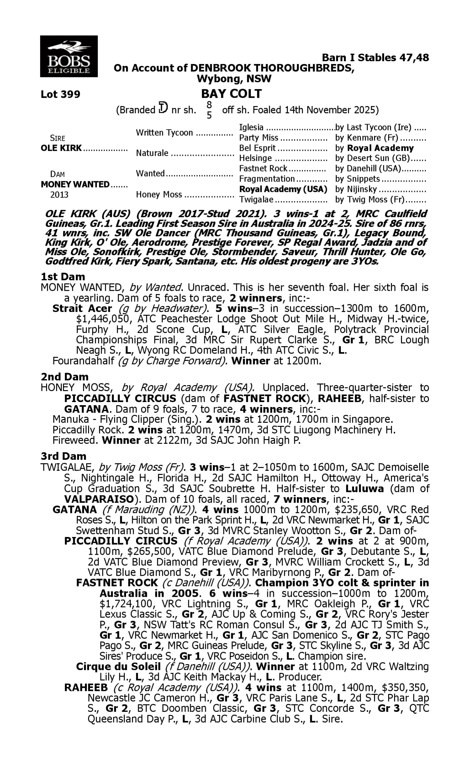 Pedigree for Lot 399 Ole Kirk - Money Wanted