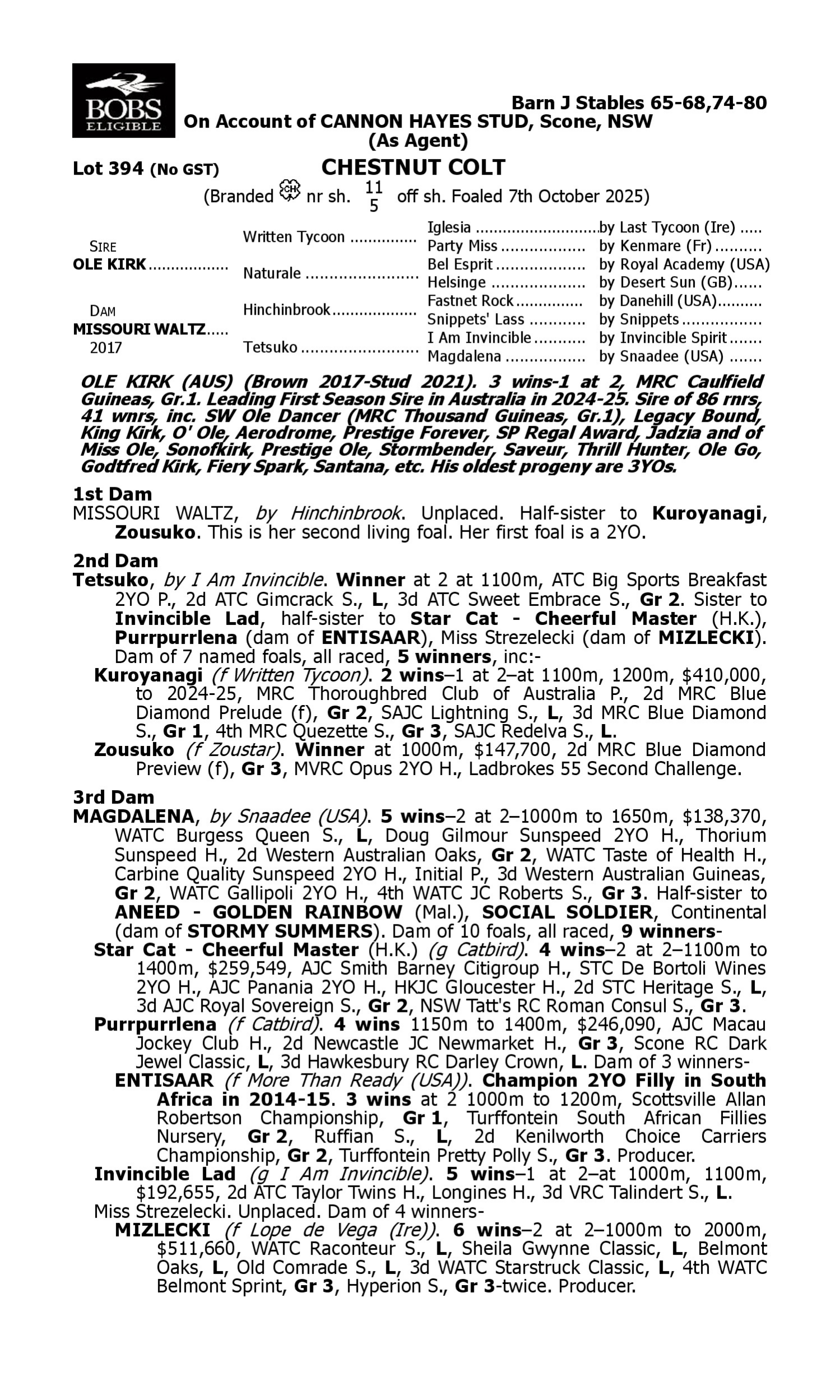 Pedigree for Lot 394 Ole Kirk - Missouri Waltz