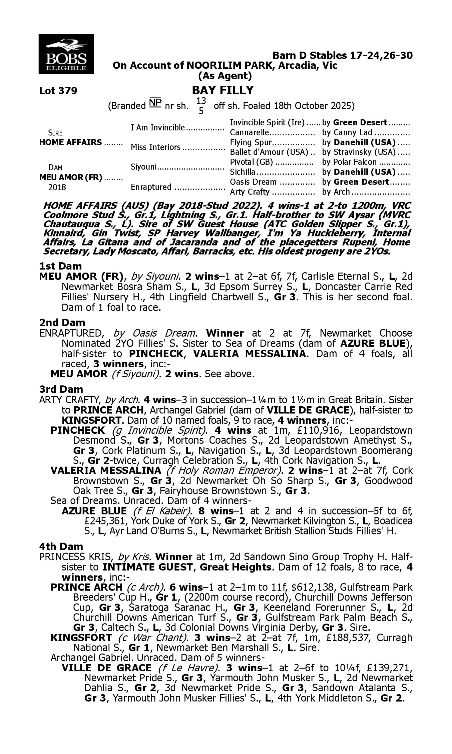 Pedigree for Lot 379 Home Affairs - Meu Amor (FR)