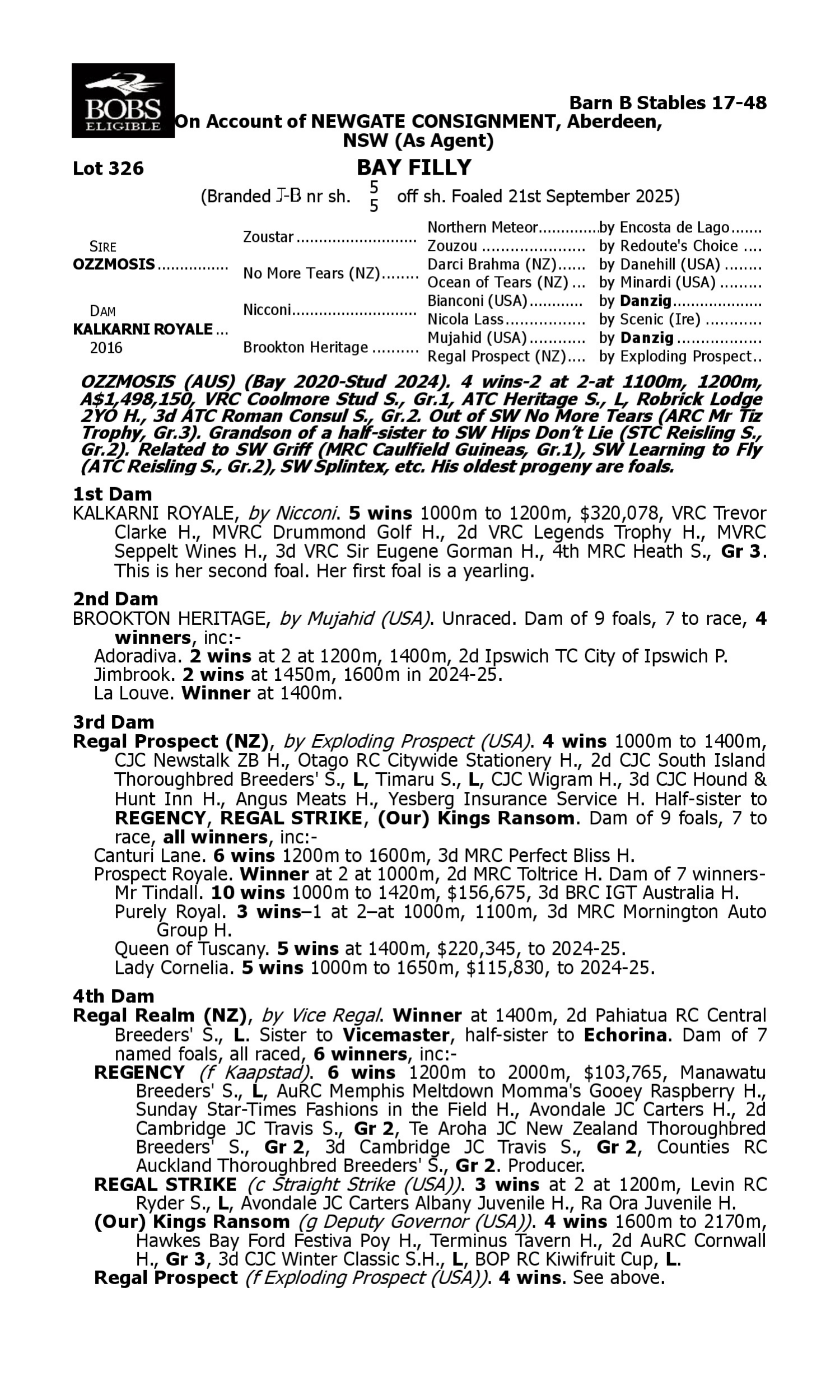 Pedigree for Lot 326 Ozzmosis - Kalkarni Royale