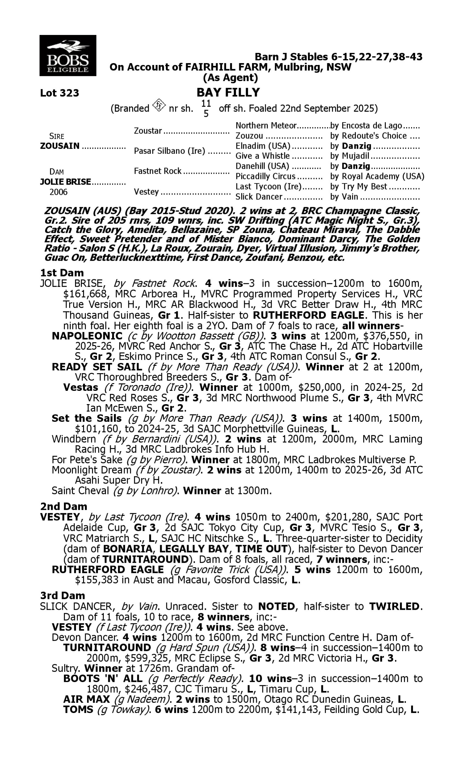 Pedigree for Lot 323 Zousain - Jolie Brise