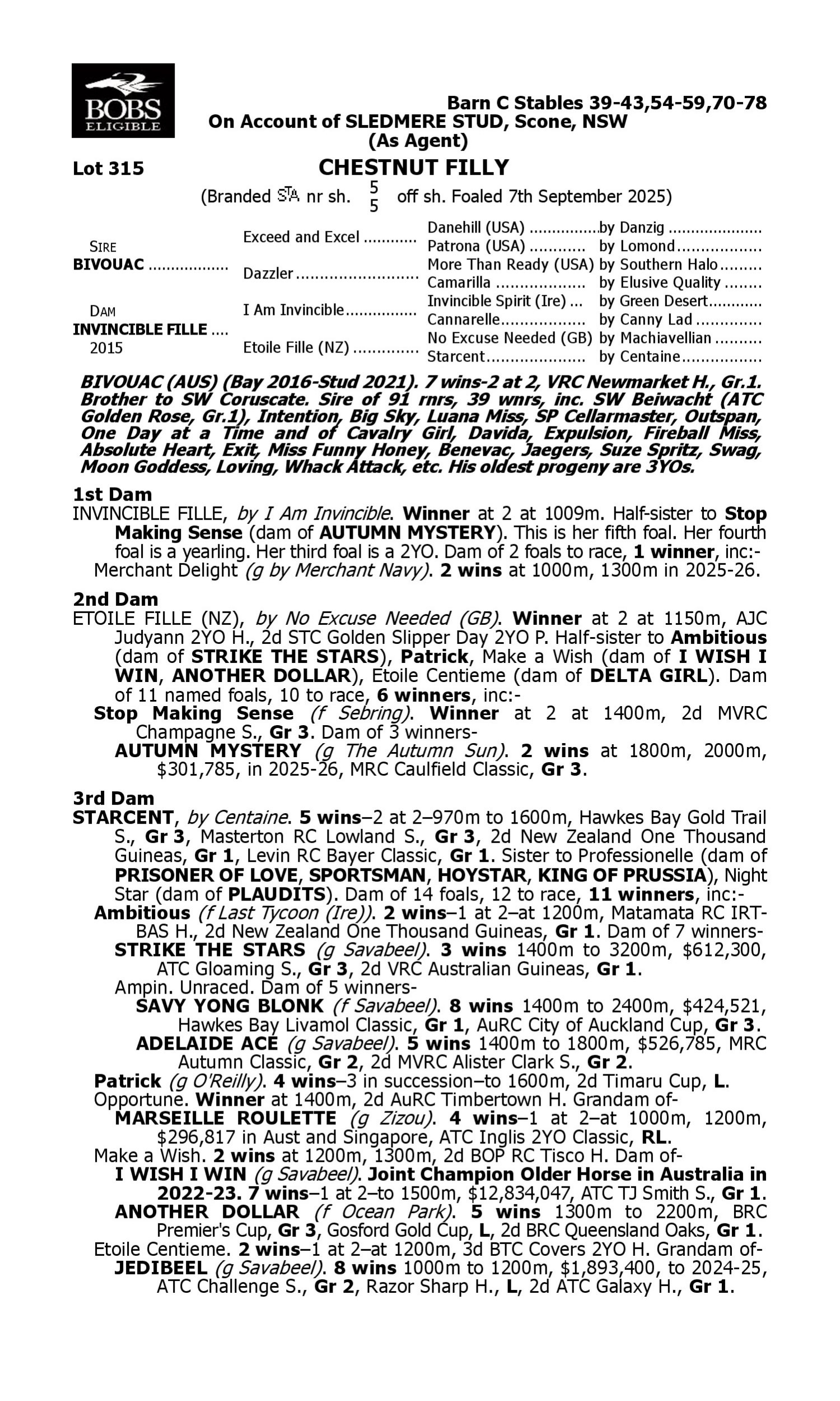 Pedigree for Lot 315 Bivouac - Invincible Fille