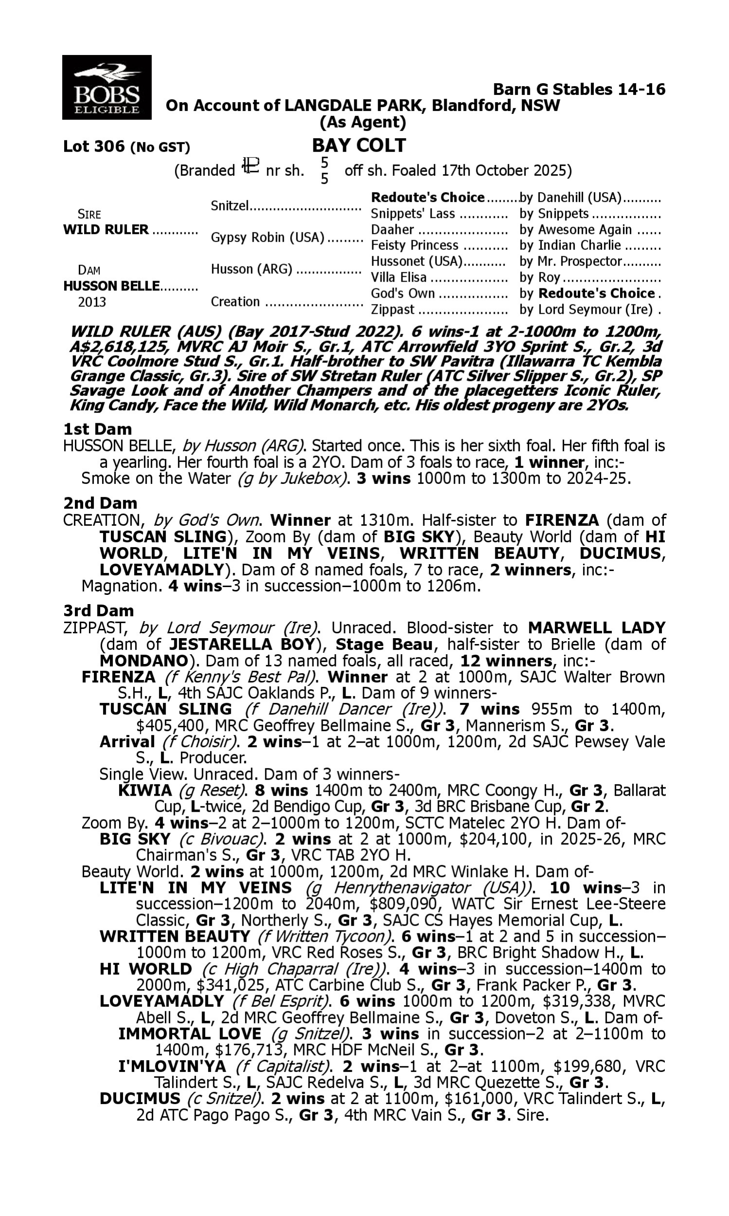 Pedigree for Lot 306 Wild Ruler - Husson Belle