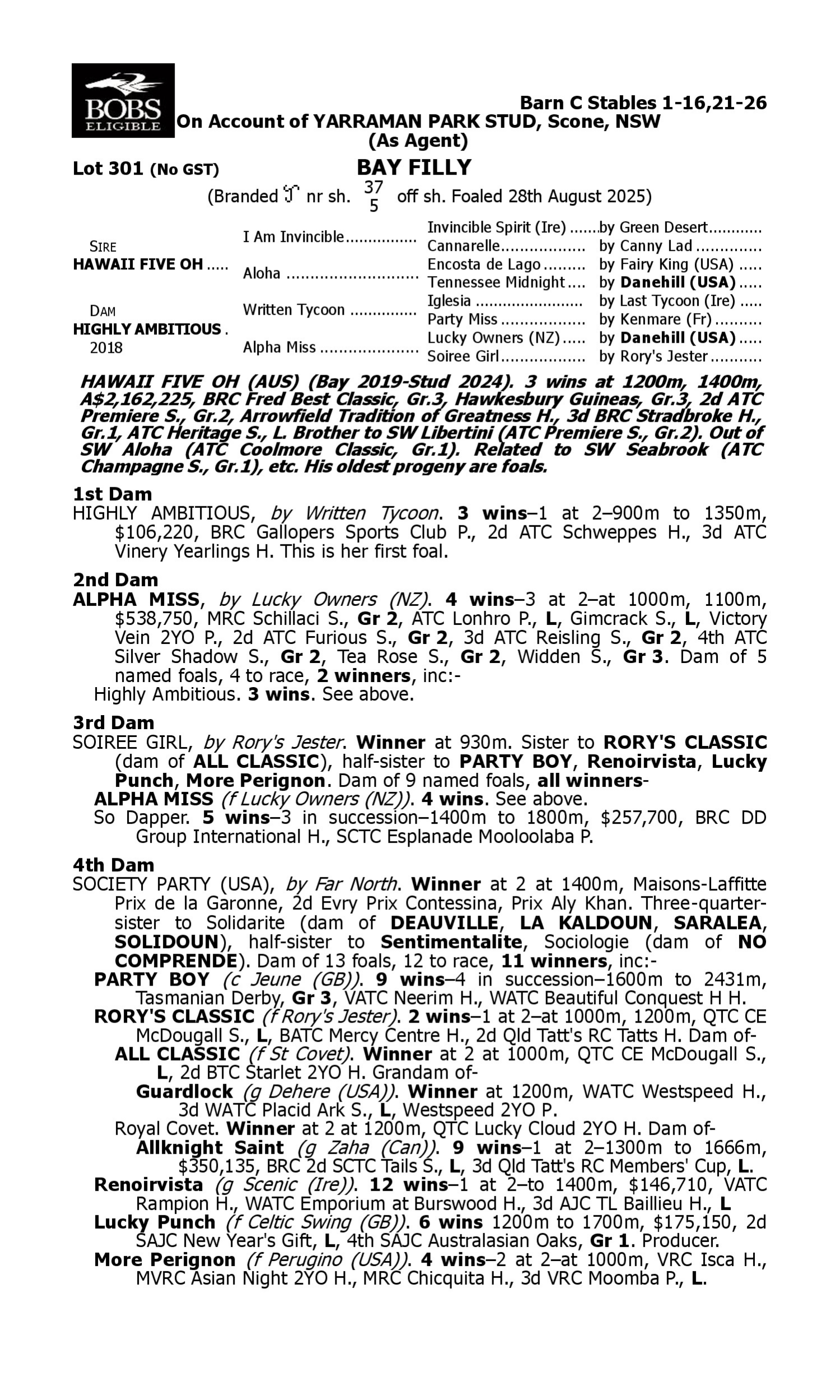 Pedigree for Lot 301 Hawaii Five Oh - Highly Ambitious