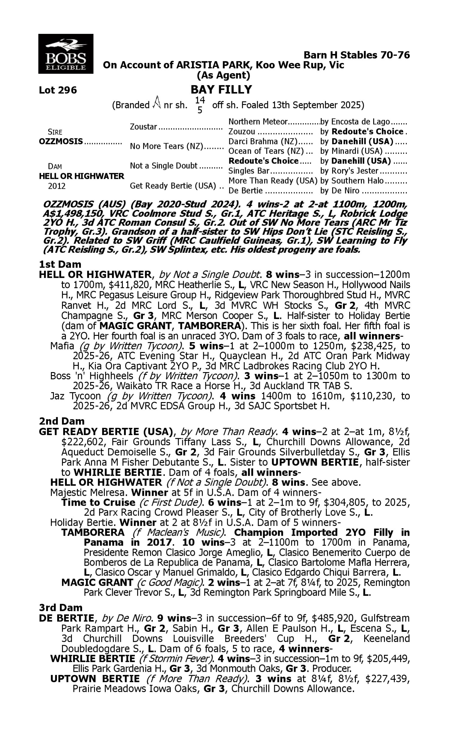 Pedigree for Lot 296 Ozzmosis - Hell or Highwater
