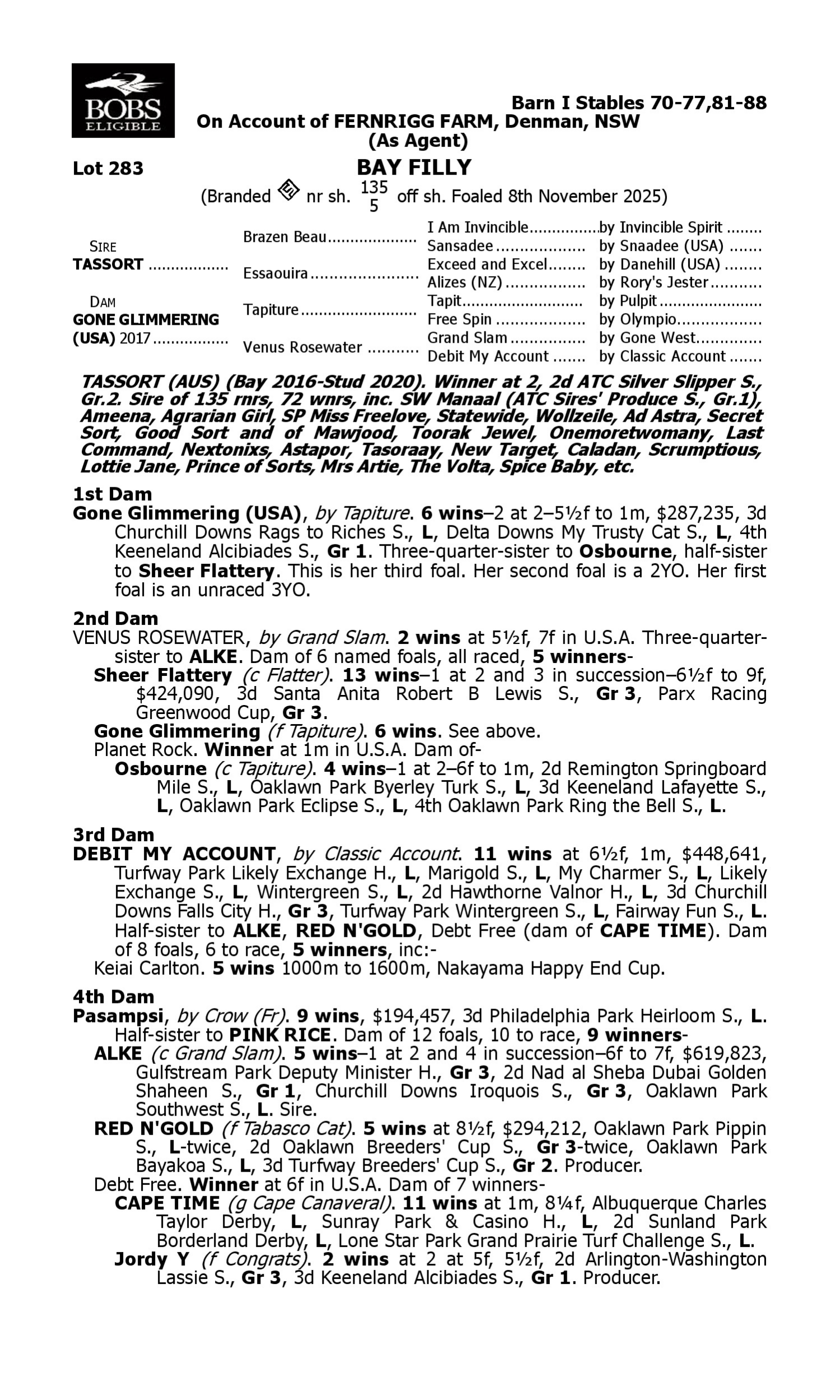 Pedigree for Lot 283 Tassort - Gone Glimmering (USA)