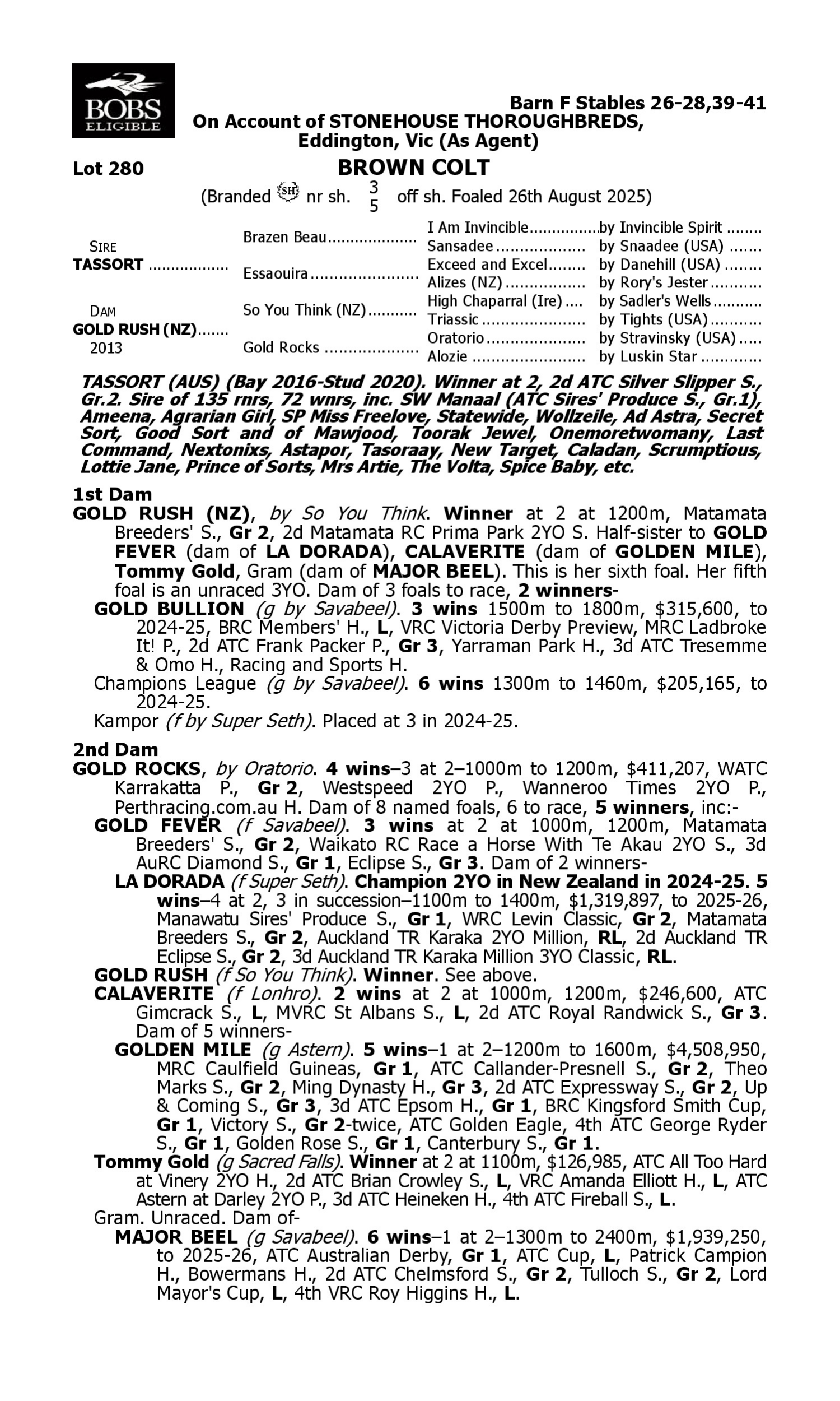 Pedigree for Lot 280 Tassort - Gold Rush (NZ)