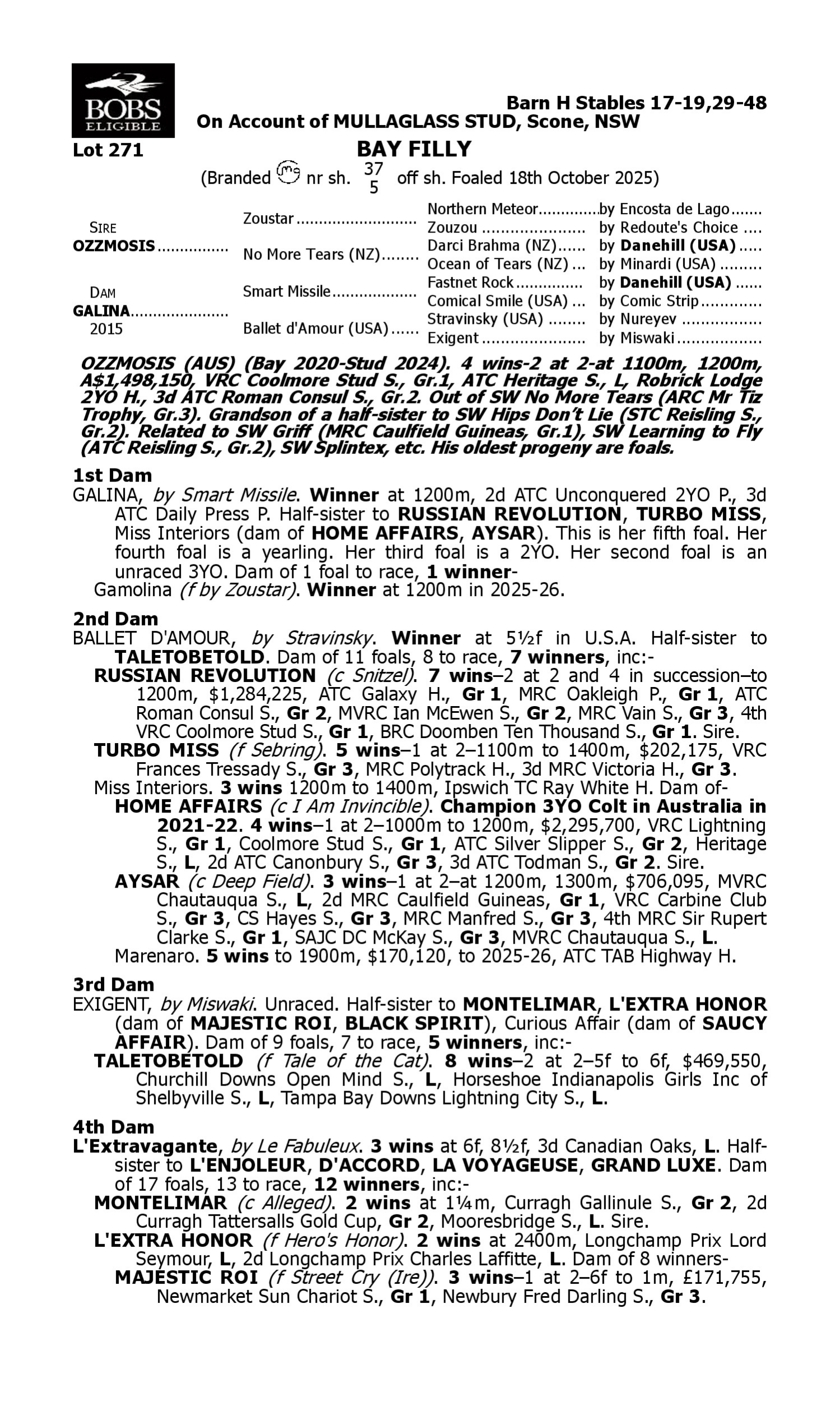 Pedigree for Lot 271 Ozzmosis - Galina