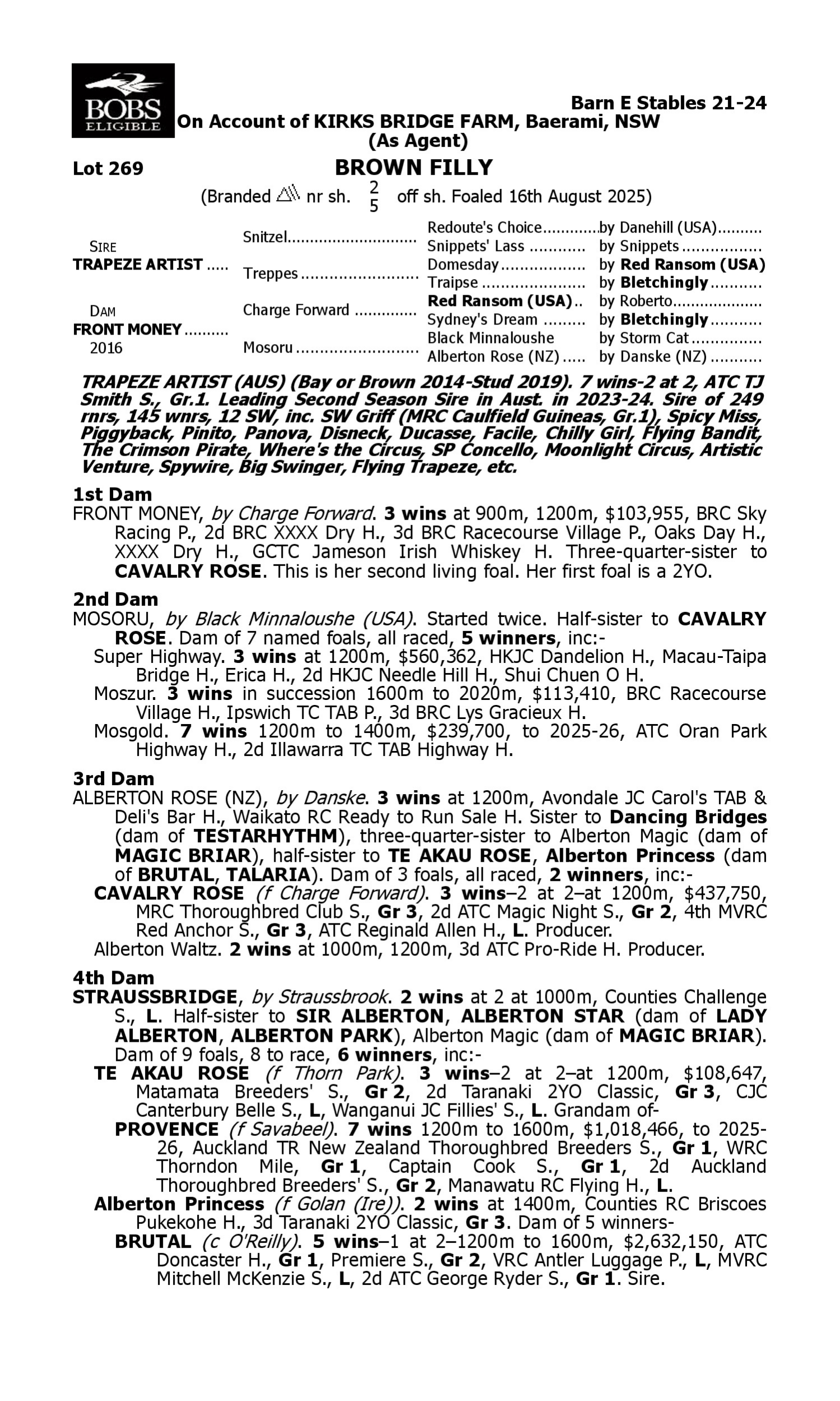 Pedigree for Lot 269 Trapeze Artist - Front Money