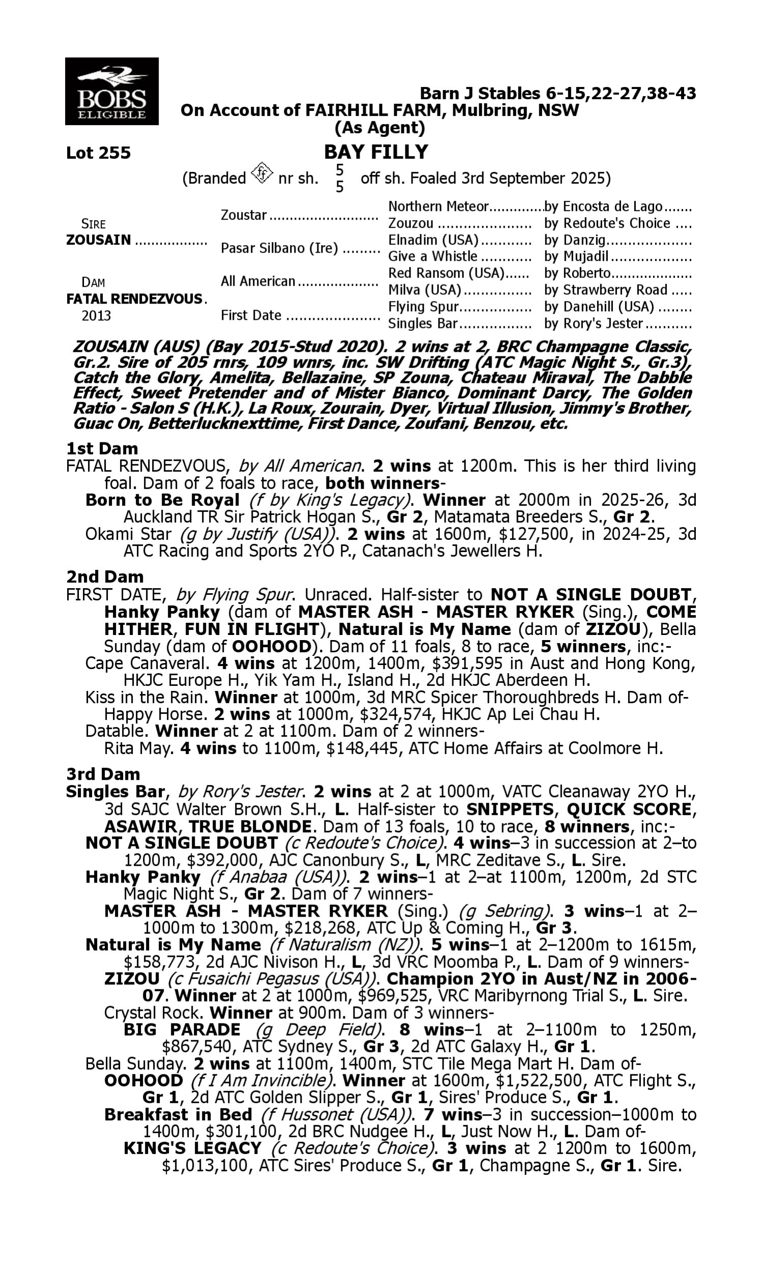 Pedigree for Lot 255 Zousain - Fatal Rendezvous