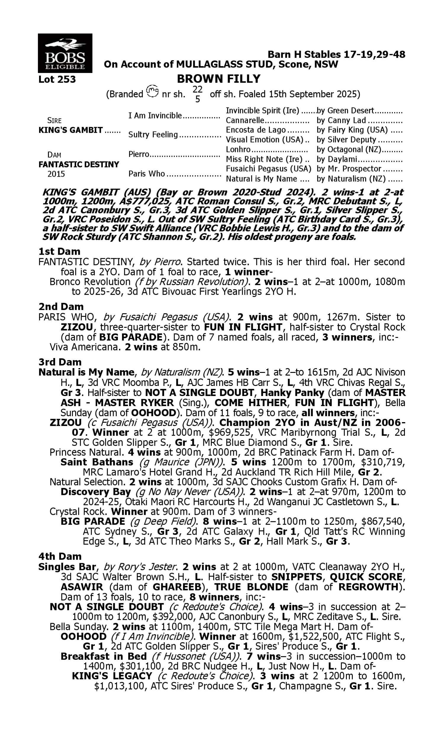 Pedigree for Lot 253 King's Gambit - Fantastic Destiny