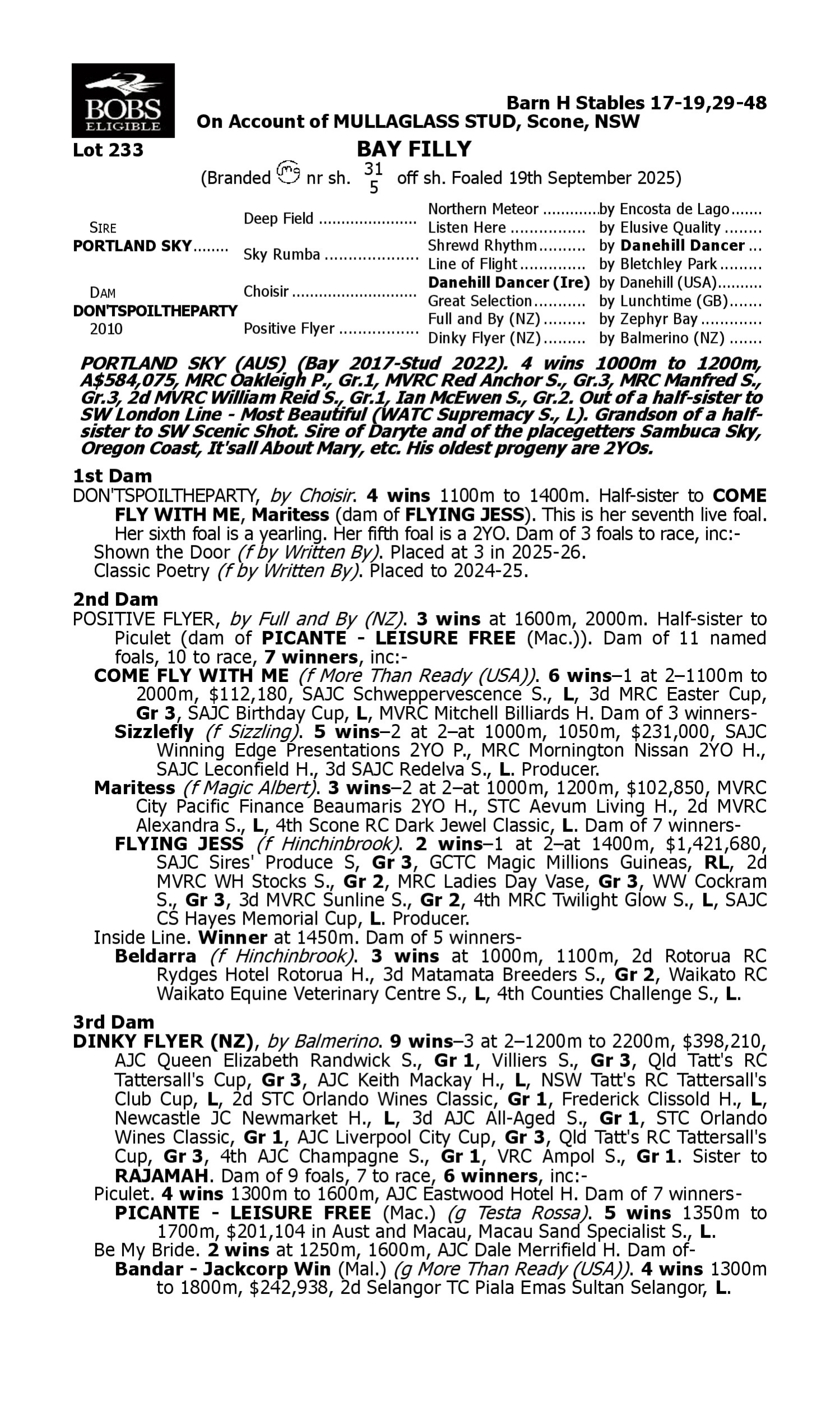 Pedigree for Lot 233 Portland Sky - Don'tspoiltheparty