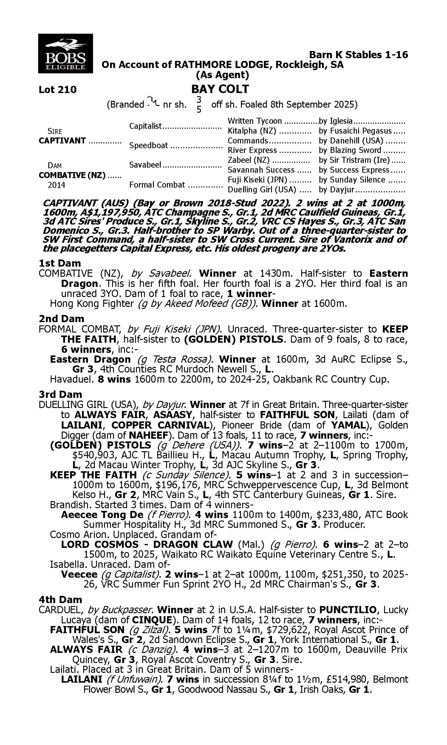 Pedigree for Lot 210 Captivant - Combative (NZ)