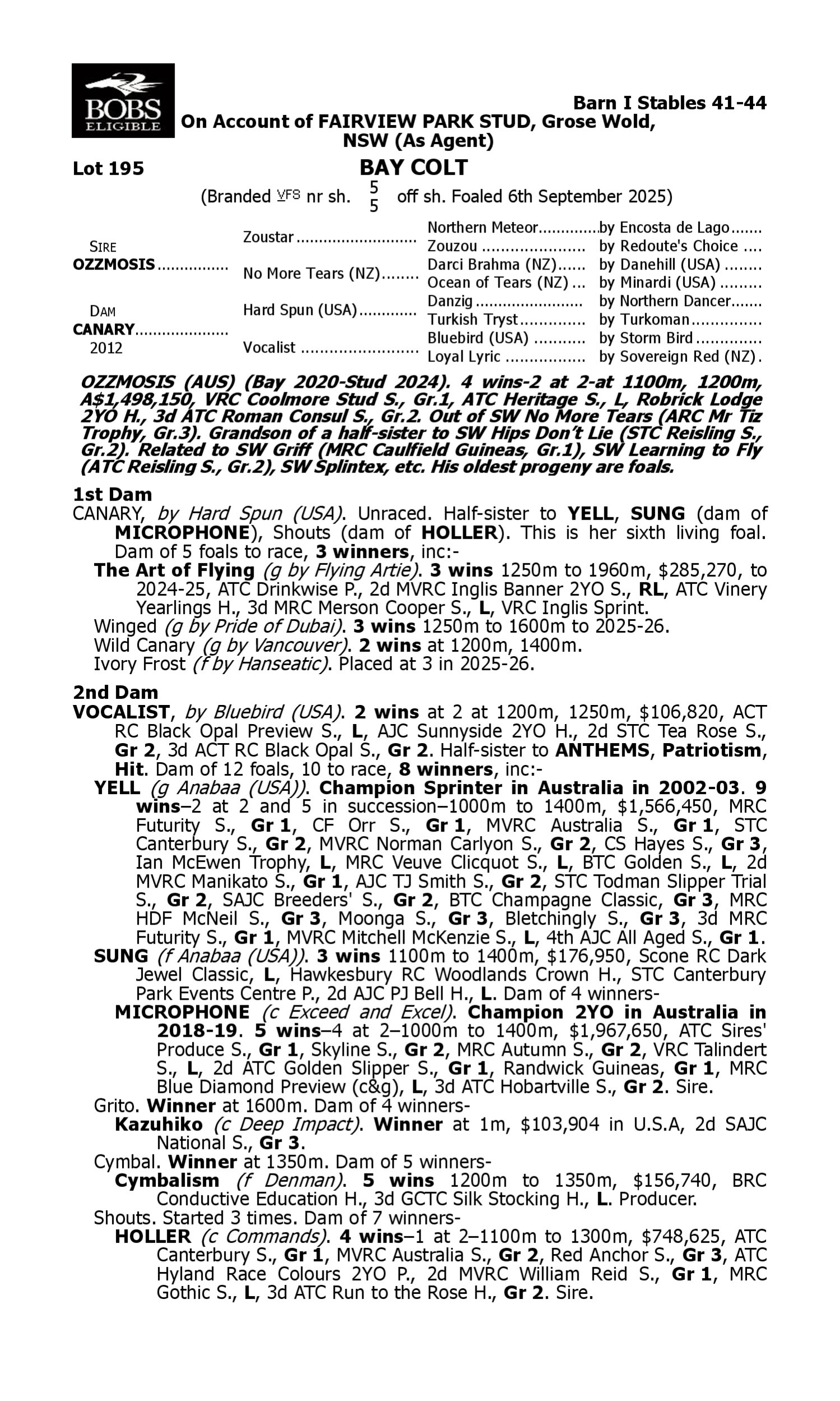 Pedigree for Lot 195 Ozzmosis - Canary